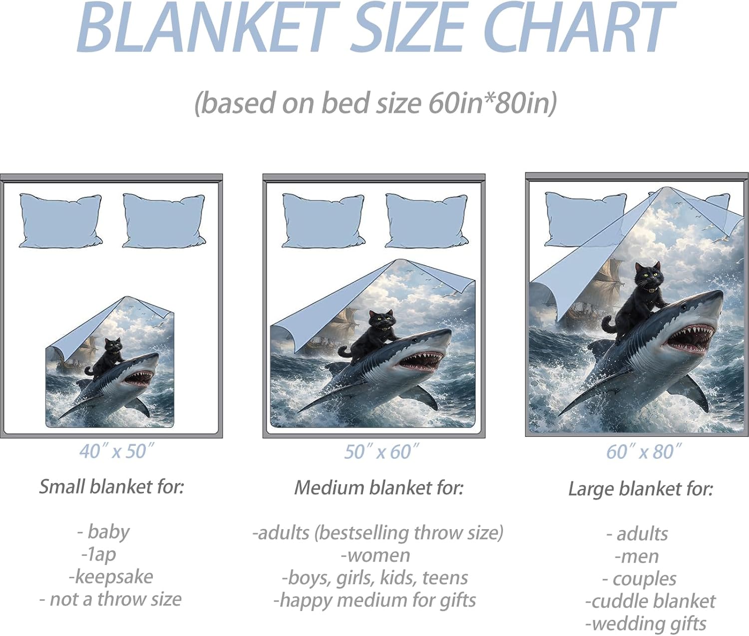 Black Cat Shark Flannel Throw Blanket Fantasy Kitten Nautical Adventure Decor for Teens Ocean Lovers Cozy Lightweight Fleece Blankets Bedroom Couch Dorm Camping Travel Gifts, 50x60inch