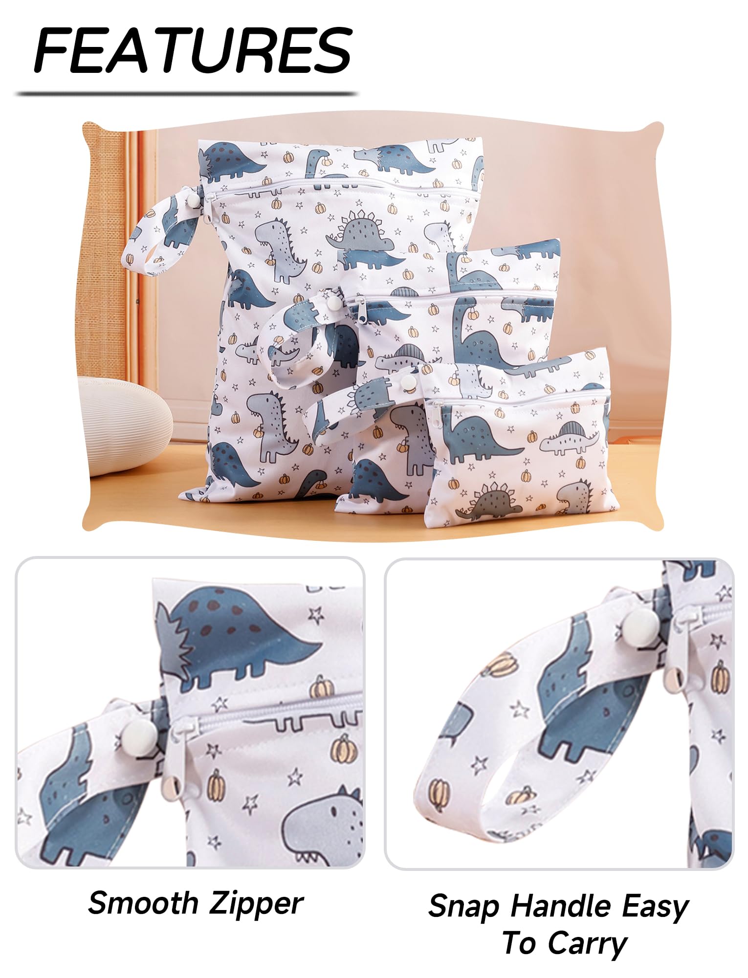 SEAUR Wet Dry Bag Set Cloth Diaper Wet Bag Waterproof Reusable Wet Dry Bag Baby Reusable Zipper Bag Wet Bathing Suit Bag Blue Dinosaur - Image 2
