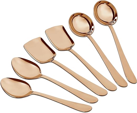 Parage 6 Pieces Stainless Steel Rose Gold Serving Spoons Set for Dining Table/Kitchen, 1.8 mm Heavy Gauge (2 Soup Ladle (Karchi), 2 Solid Spoon (Chamcha), 2 Rice Spoon), (Pack of 6) PVD Rose Gold