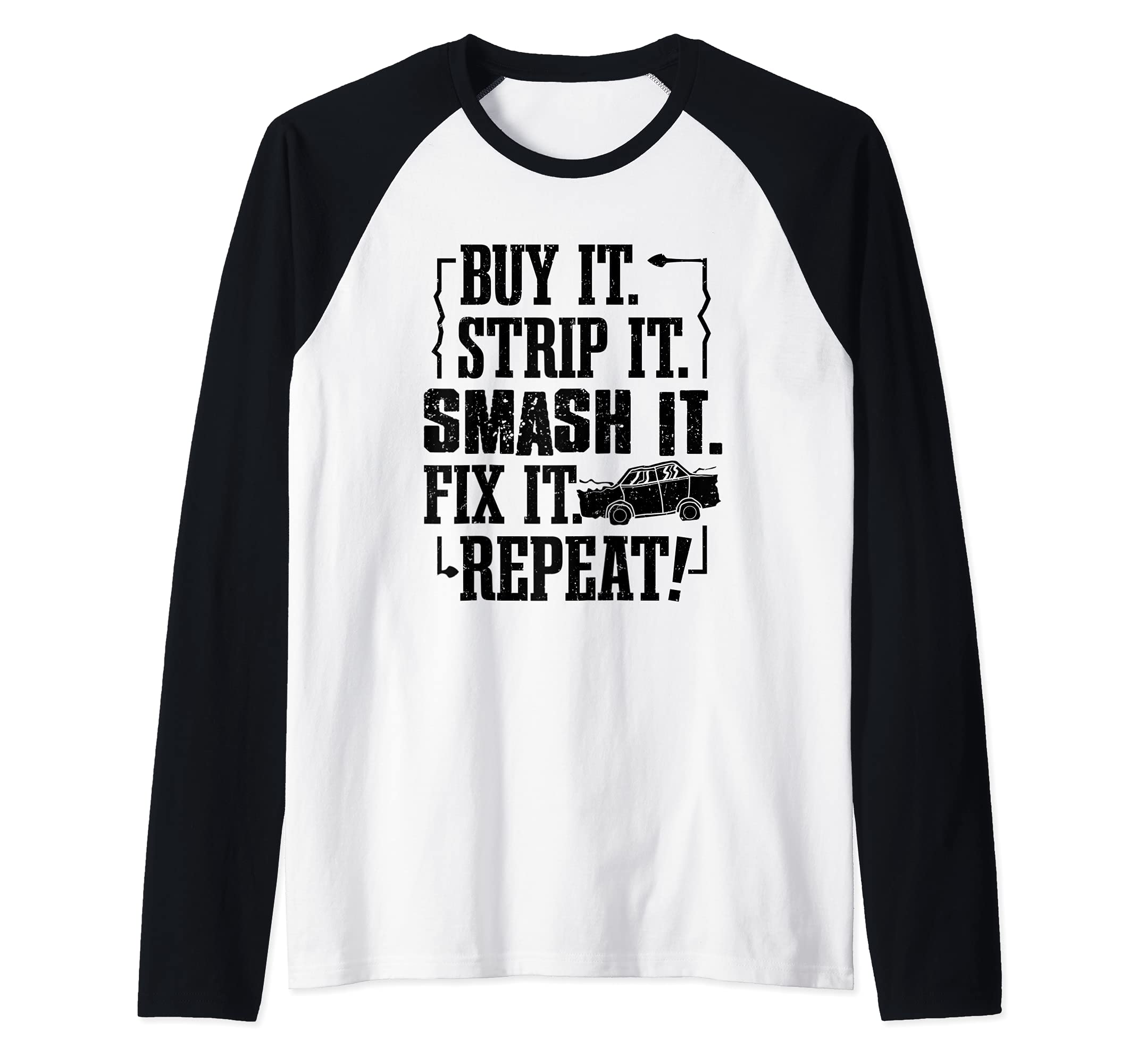 Funny Demolition Derby Smashing Car Derby Driver Race Car Raglan Baseball Tee, Black