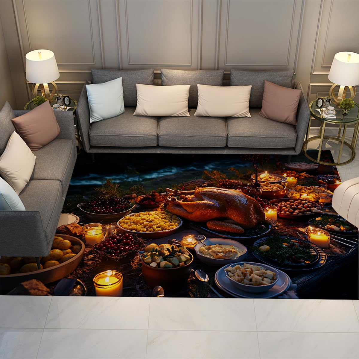Tapis cuisine lavable imprimé nourriture tapis pliable poil bas salle à manger 160x200cm