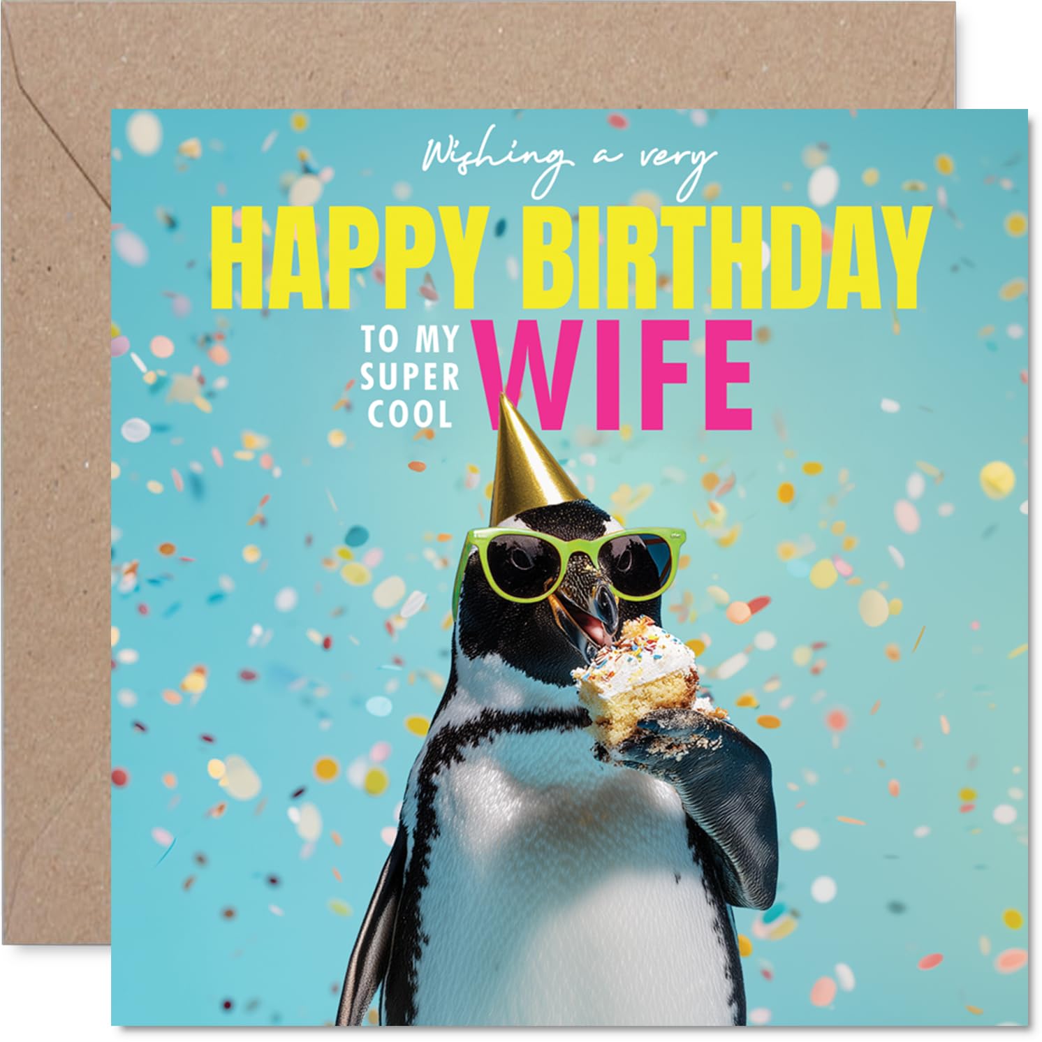 Wife Birthday Card - Bird-day Cake - Happy Birthday Card for Wife from Husband Partner, 145mm funny penguin Bday Greeting Cards