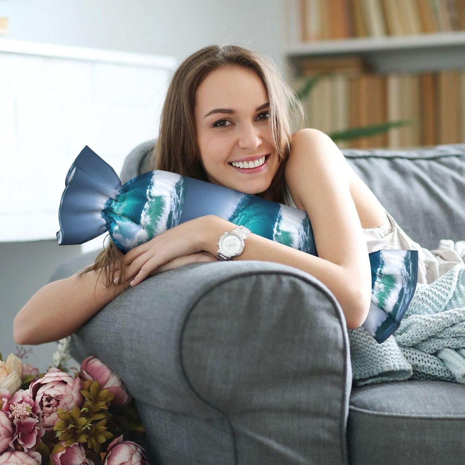 Ocean Wave Print Candy Cylindrical Eco-Friendly Pillow Soft Velvet Living Room Bedroom Travel Decor