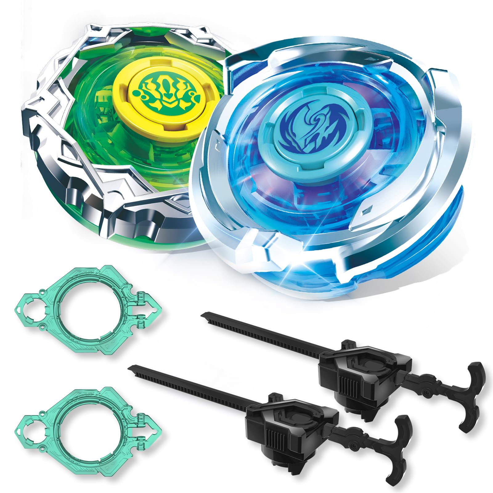 INFINITY NADO S7 Peonza 2PCS con 2 Rack Lanzadores, peonzas metálica Tipo equilibrado/Resistencia Rotación Derecha, Juguete para niños y niñas 5-12 años, Azul y Verde