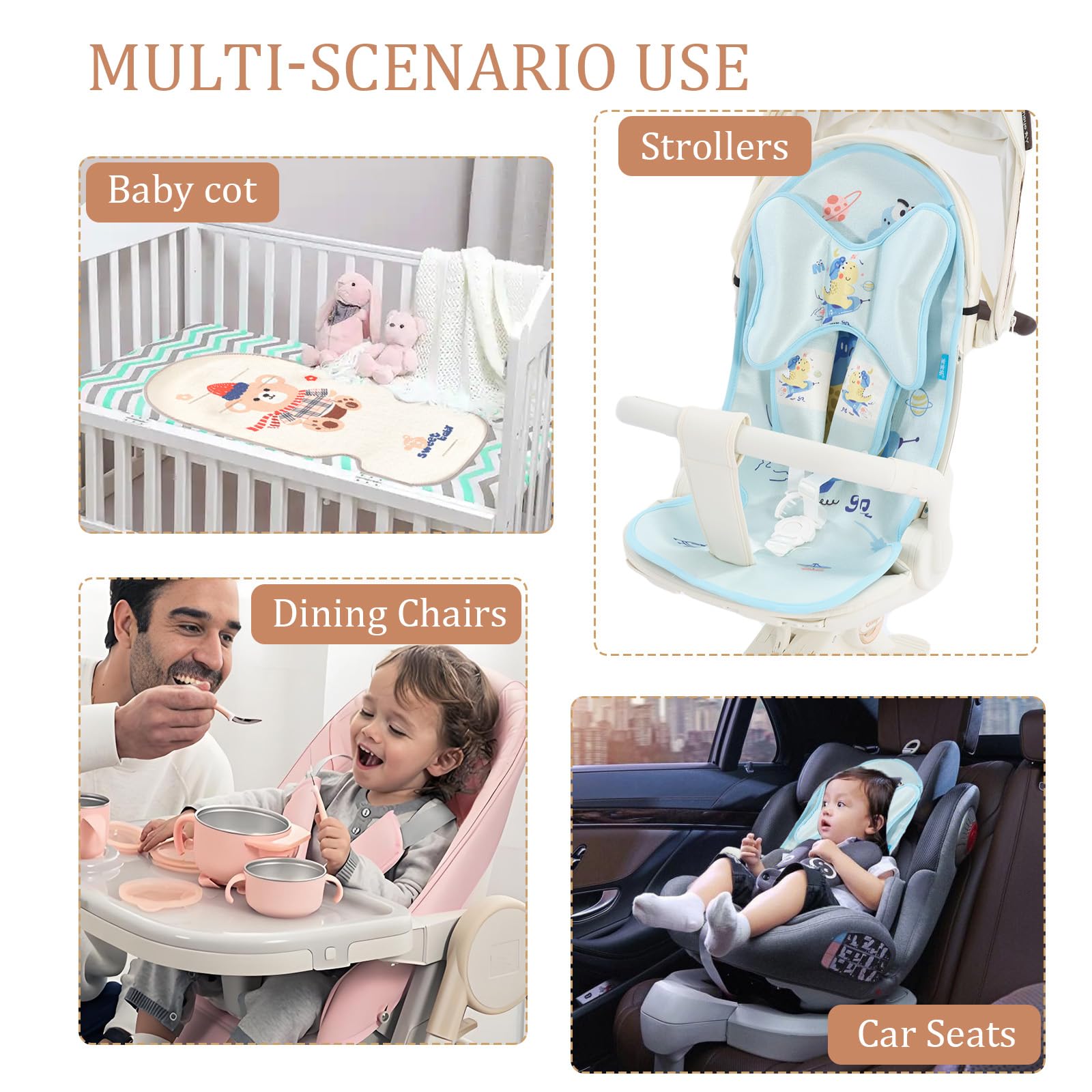 Sitzauflage Kinderwagen Sommer Kinderwagen, 5 Punkt Gurt Kühlkissen Weiche Atmungsaktive, 3 Stück Kühler, Kissen Schulterpolster, Kopfkissenkinder, Mit Niedlichen Tieren (Dino)