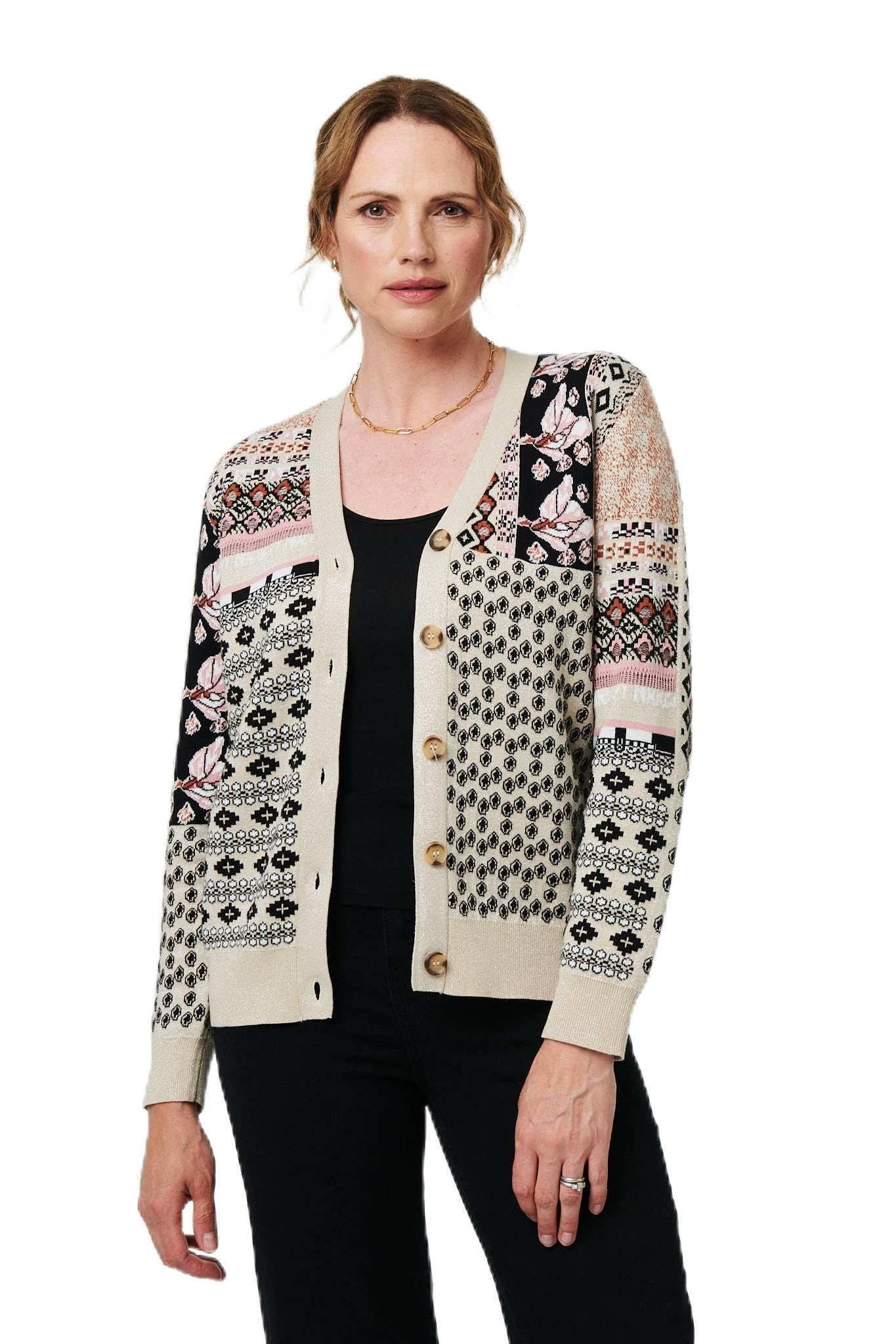 Izabel London Women's White Patchwork Print Long Sleeve Cardigan