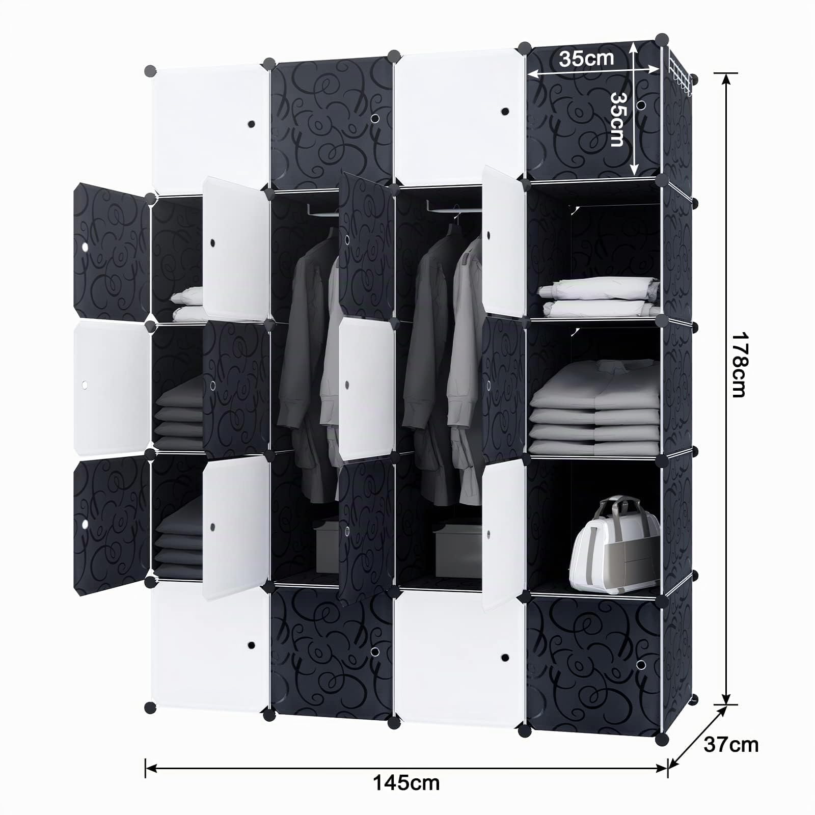 LZQ Armoire Multi-Usages - Système d'Étagères en Plastique - Avec Porte, 20 Cubes et Tringle à Vêtements - Pour Chambre à Coucher - Étagère de Rangement Étanche à la Poussière