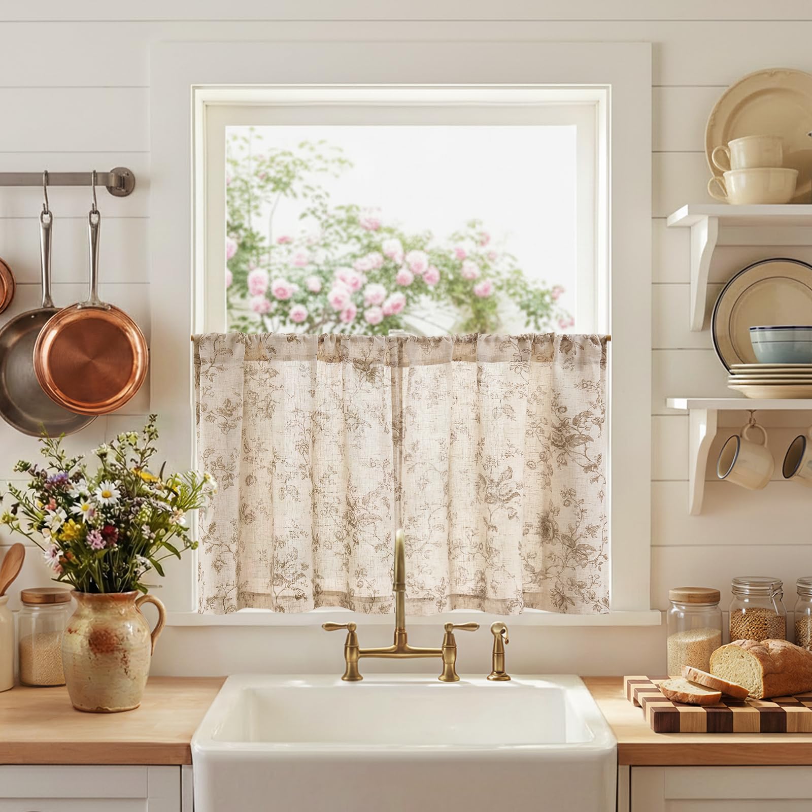 jinchan Floral Linen Kitchen Tier Curtains