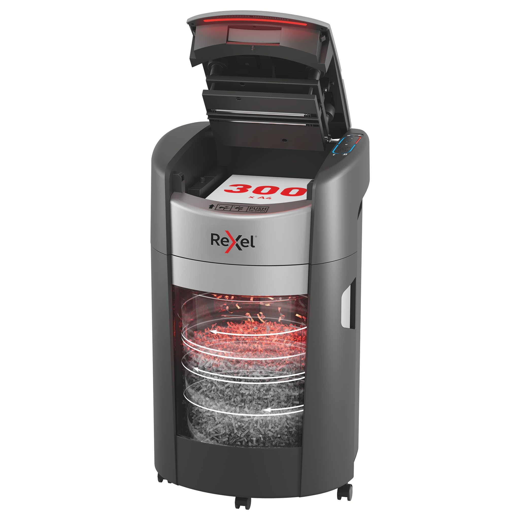 Rexel ShredMax AutoFeed+ 300M niszczarka mikrościnek P5, 300 kartek | Biuro i praca w domu, ochrona RODO, Bin Rotation, <55 dBA, 60 min pracy ciągłej, pojemnik 25 l, kółka, A4