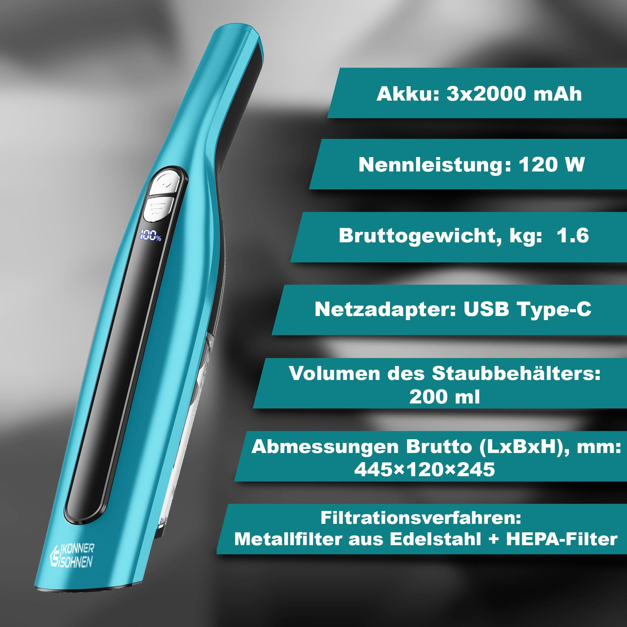 K&S Könner&Söhnen KS VC10 - Aspiradora de mano inalámbrica de plástico ABS, 7000 Pa/16000 Pa, mini aspiradora con batería de iones de litio 3 x 2000 mAh, aspiradora de mano fuerte