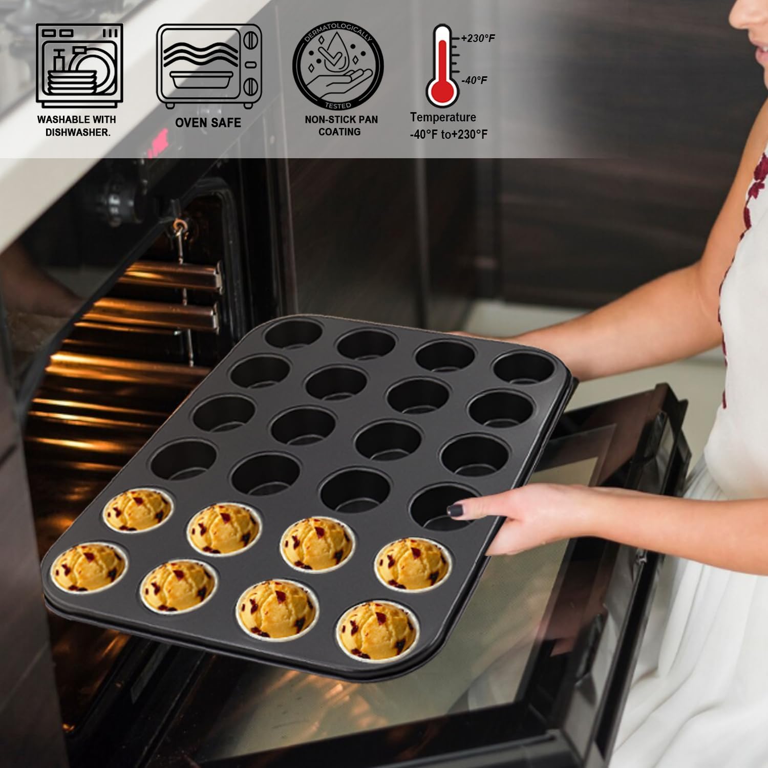 Lot de 2 moules à muffins ronds antiadhésifs pour la pâtisserie, Patisserie Accessoire, noir, acier (24 tasses, noir)