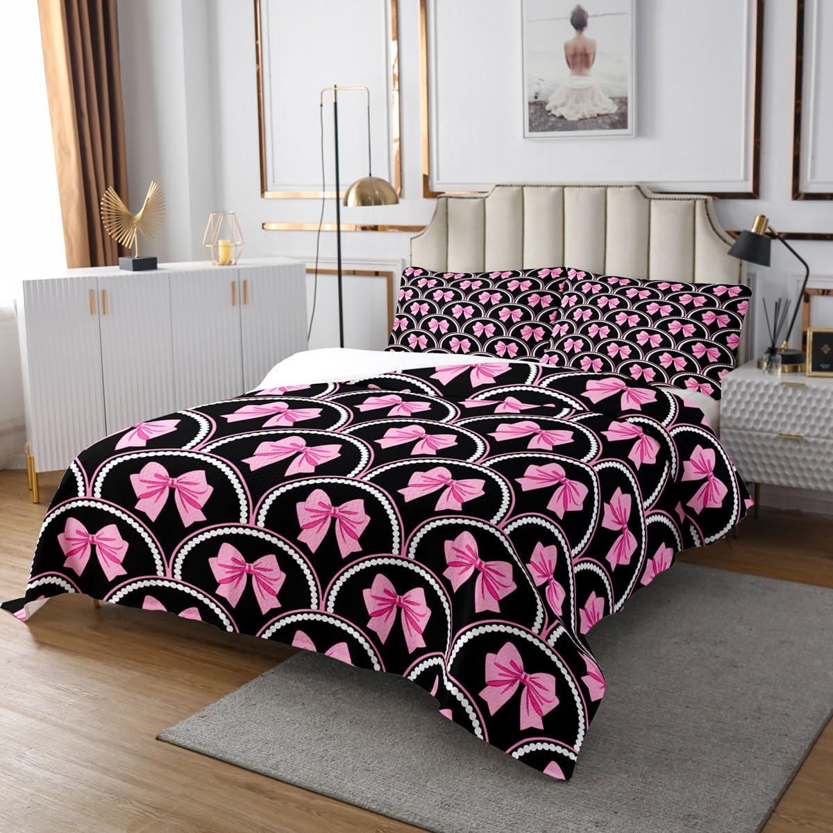 jejeloiu Cute Bowknot Bedspread for Girls Boys Kids King Size Coquette Bows Coverlet Set Room Decor Watercolor Bow Quilted Coverlet Dreamy Princess Style 3Pcs Black Pink Soft Microfiber