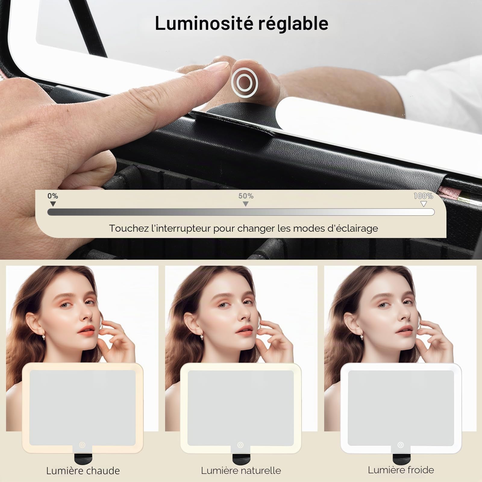 Grande trousse de maquillage avec miroir LED - Miroir lumineux amovible - En cuir synthétique - Portable - Avec séparateurs - Support pour pinceaux de maquillage - Blanc