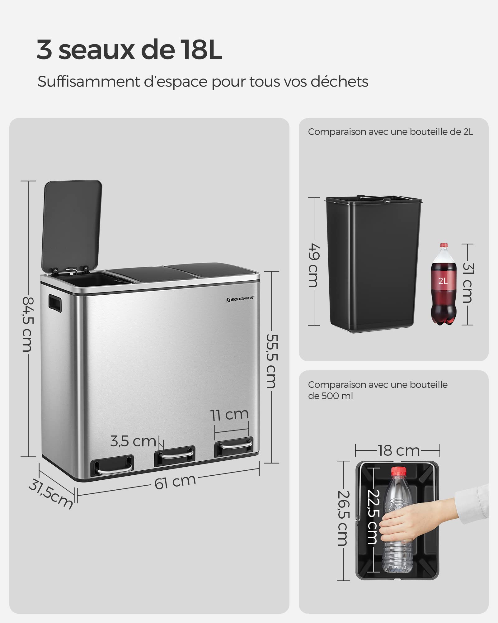 SONGMICS Poubelle Cuisine 3x18L Tri Compartiments Acier Argent Métallique Noir LTB54NL