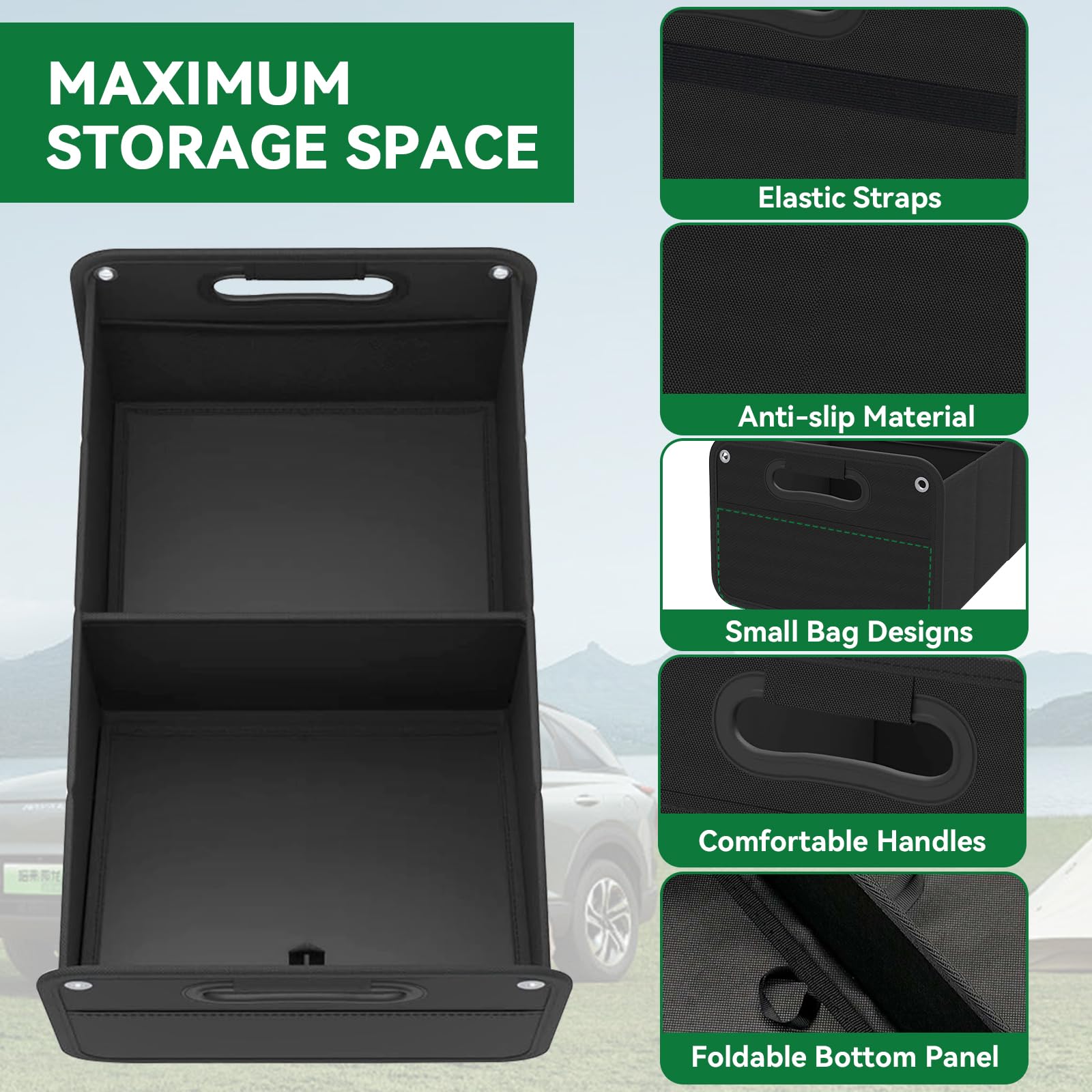 Organisateur de Coffre de Voiture XL,Sac de Coffre Pliant avec Velcro Anti-Dérapant, Boîte Pliante pour Voiture Spacieuse,avec Compartiments,Fond Antidérapant,Boîte à Outils Voiture - Noir