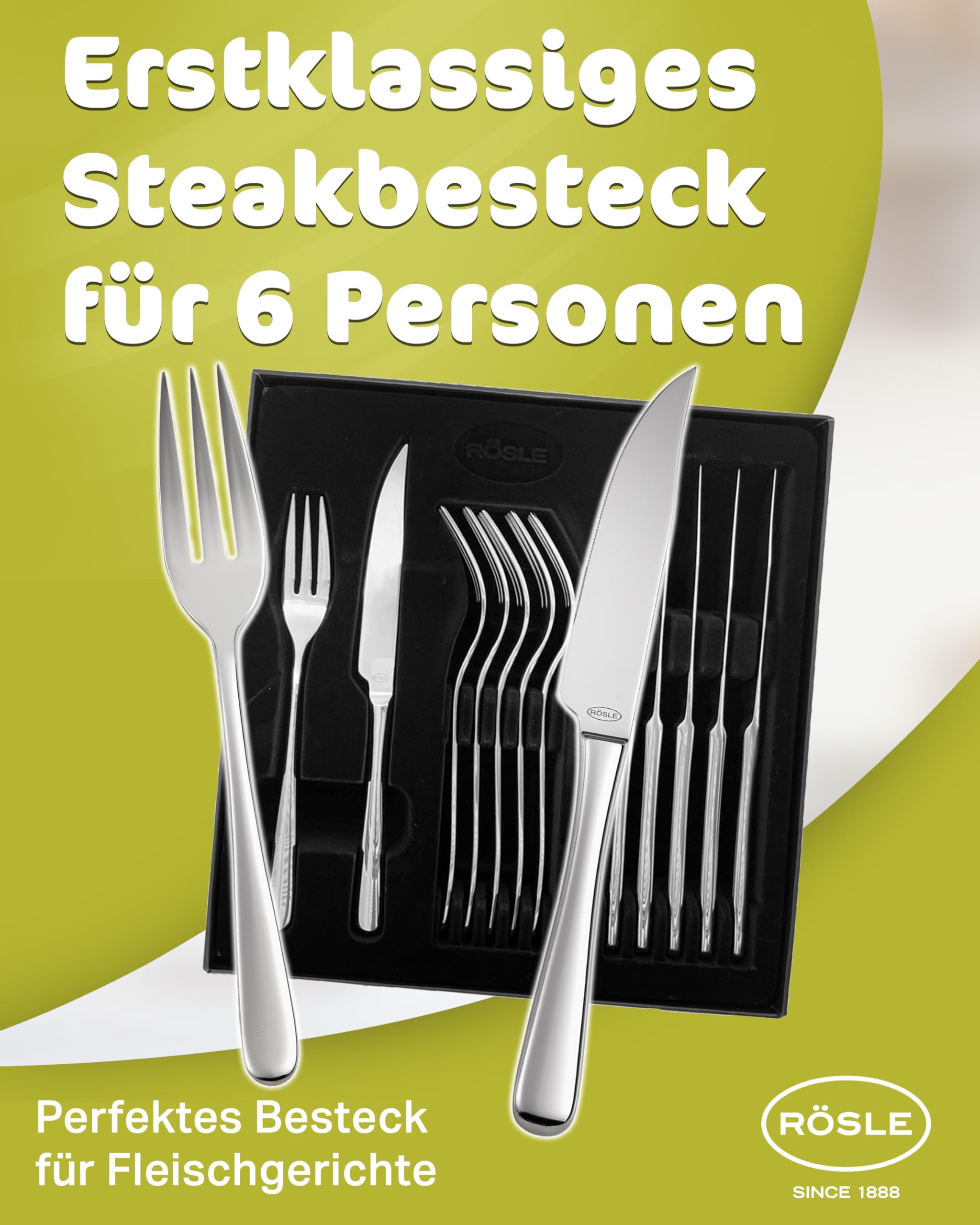 RÖSLE PASSION Steakbesteck 12-teilig – Hochwertiges Steakbesteck Set für 6 Personen aus Edelstahl 18/10 und Klingenspezialstahl – Hochglanzpoliert, Spülmaschinengeeignet, in Eleganter Geschenkbox