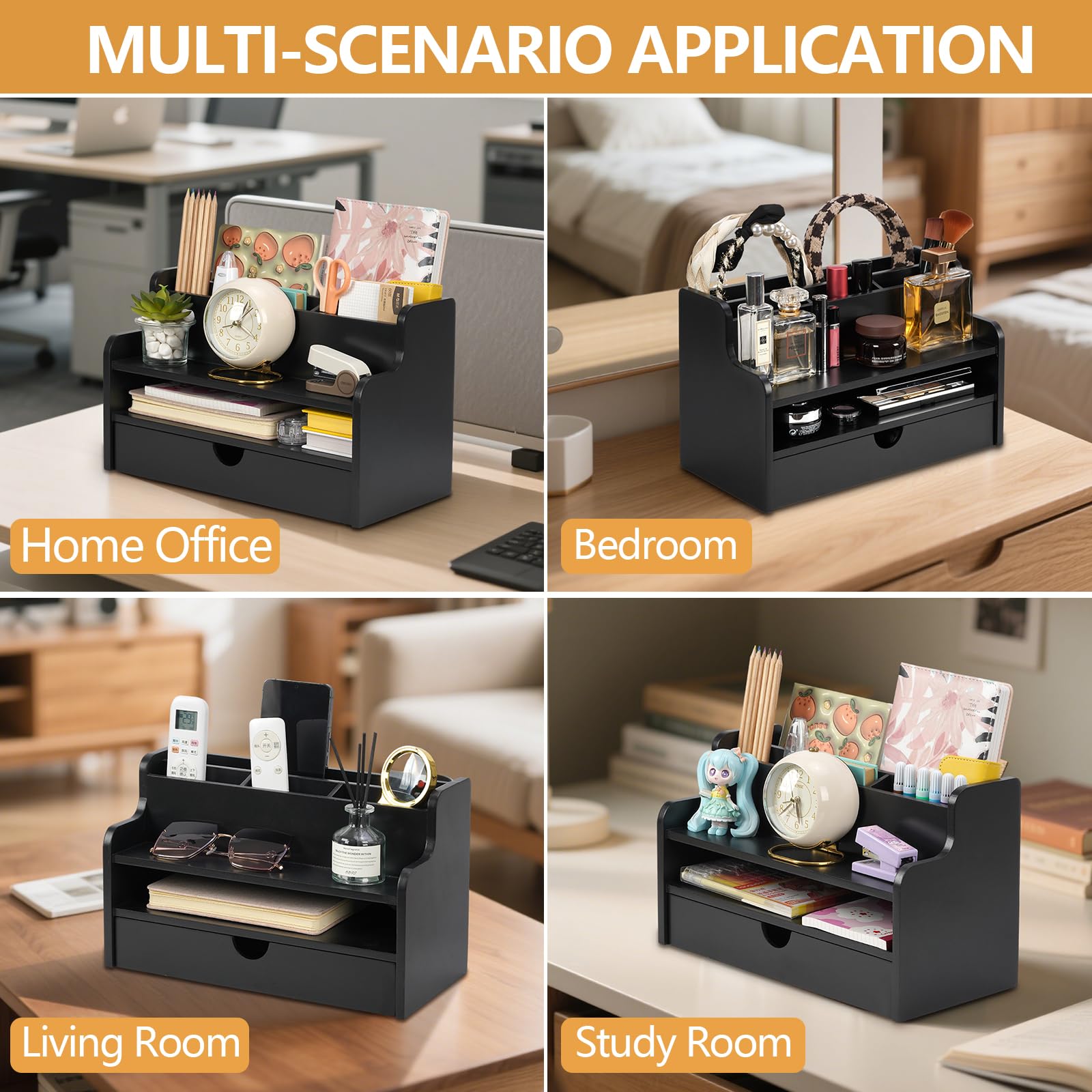 Organizer per posta, da tavolo, con 4 scomparti, con cassetto e mensola, in legno, per scrivania, portadocumenti da scrivania per penne, buste e banconote