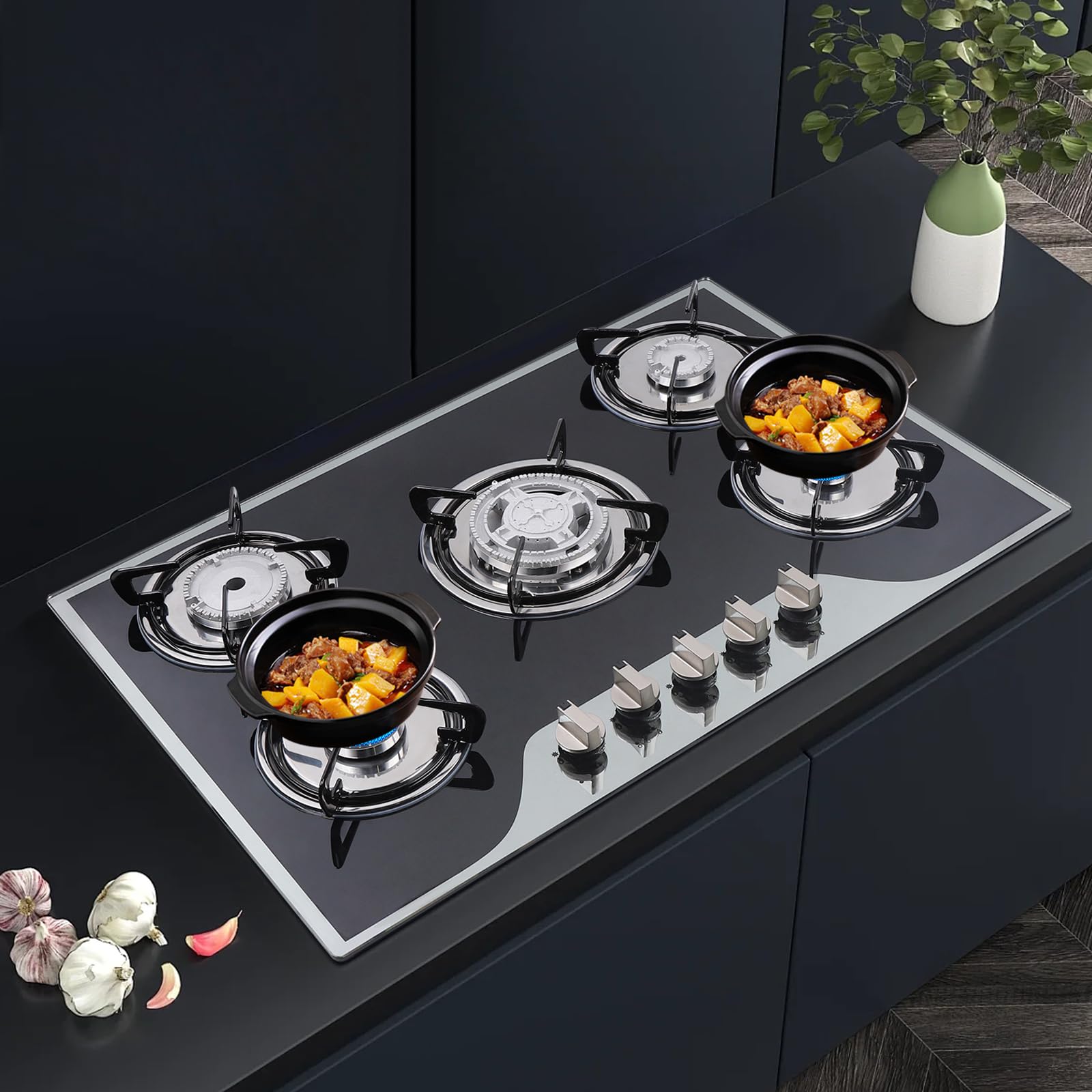 Piano cottura a gas a 5 fuochi con vetroceramica, fornello a gas con protezione automatica della fiamma e accensione elettronica, piano in vetro facile da pulire, per uso domestico/cucina, compatibile