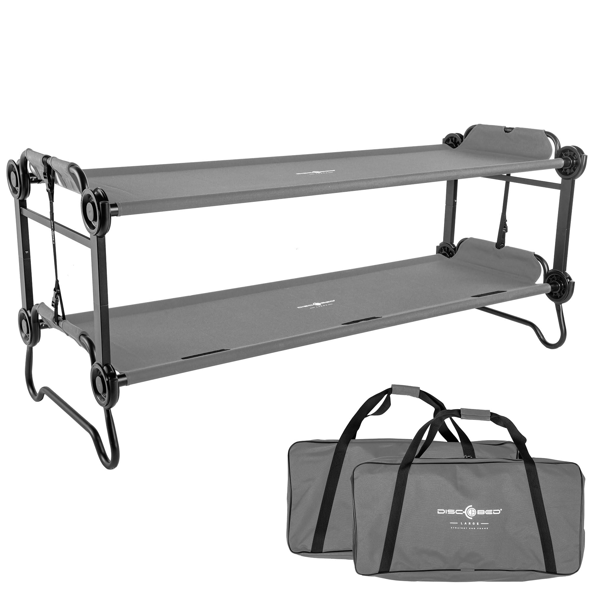Disc-O-Bed Large Outdoor Convertible 2 Person Bench and Double Camping Cot Portable Bed Bunk System for Adults, Grey