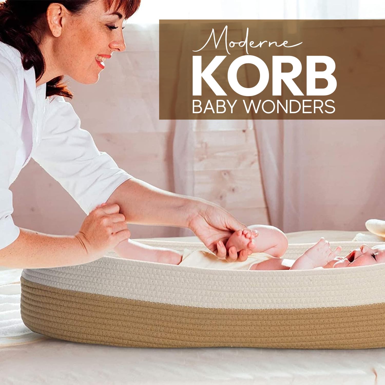 Baby Wonders® Wickelkorb moseskorb baby mit wickelauflage beige, wickelaufsatz für Kommode, baby changing pad tragbar
