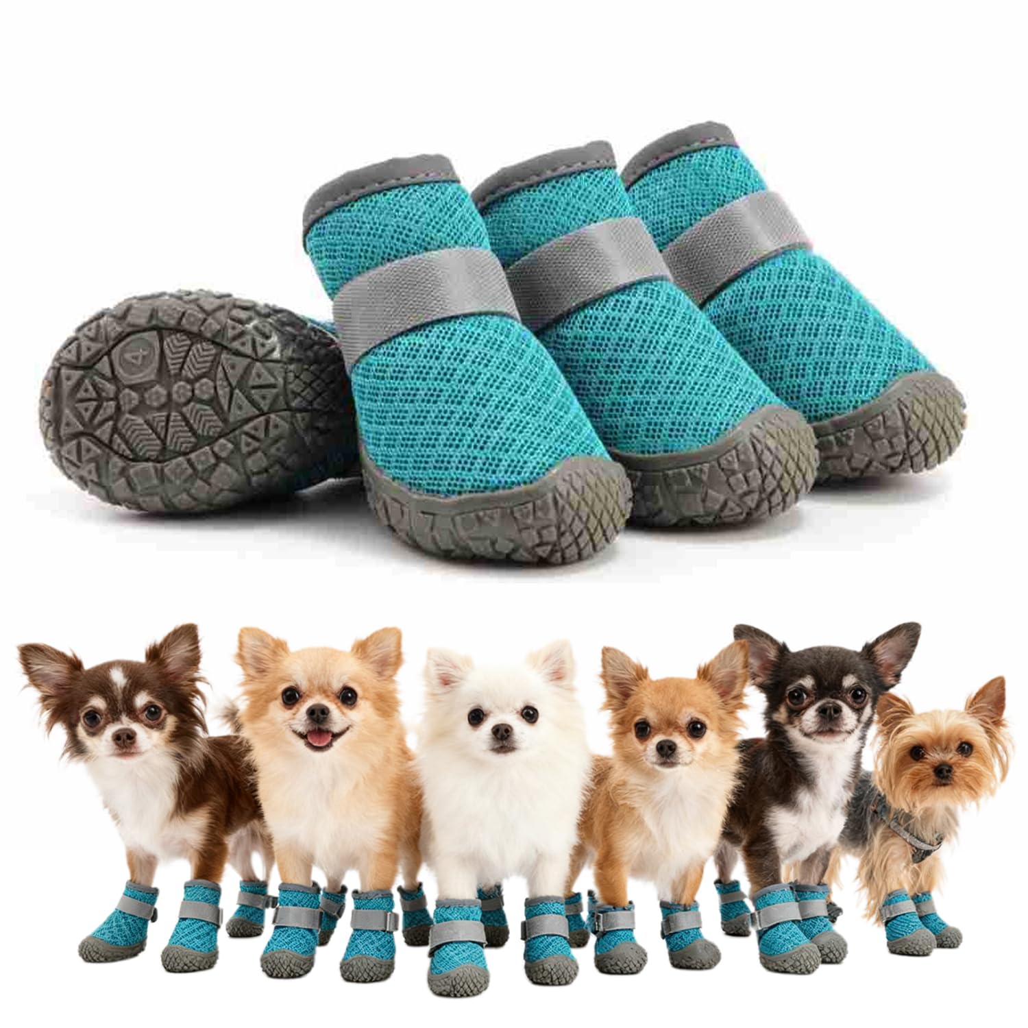 4-Piece Set of Small Dog Shoes Dog Boots for Injured Paws, Anti-Frost Snow Dogs Boots, Breathable Mesh Paw Protectors,Blue Adjustable Non-Slip for Walking Small 6-9KG Dogs(Paw Length Within 4.8cm)