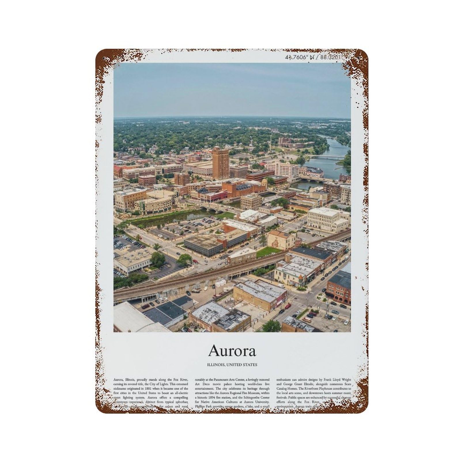 xiaoxiaoshen Aurora Illinois, United States, USA City Scenery Wall Decor Art Metal Tin Poster Modern Home Decor Art Home Bar Shop Decorations Vintage Sign 40x30cm