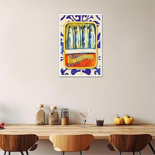 Miniatura 3 de Lienzo de sardinas divertidas para pared, póster vintage de lata de sardina, comida retro, peces, vida marina, estética, acuarela, pintura para el