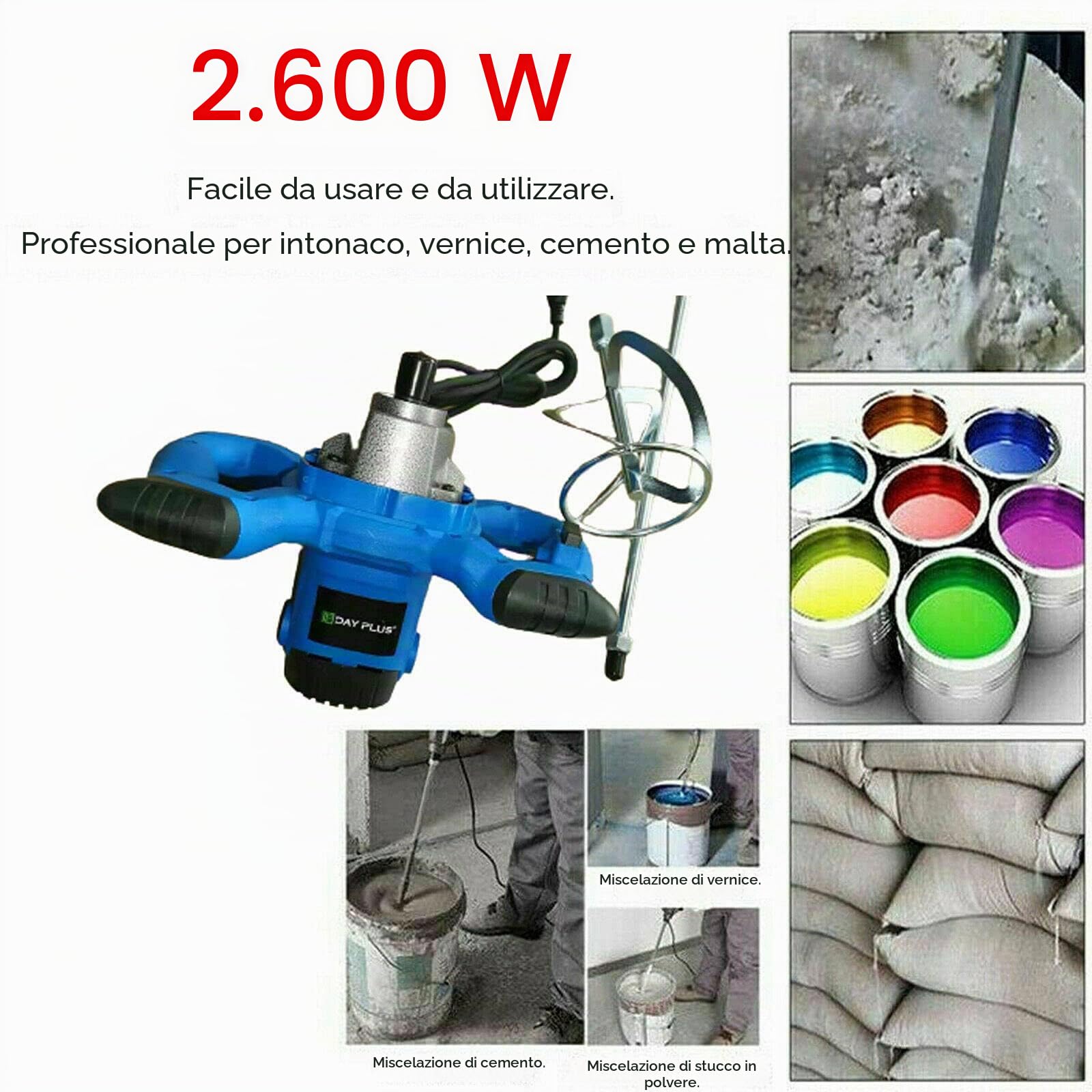 2600 W Handheld Paddle Mixer Concrete Mixer, portatile Concrete Cement Mixer regolabile 6 Speed Paint Mixer, 230 V Paddle Drill Mixer Stirring Tool for Mortar Grouts Paint Cement Plaster Plastering