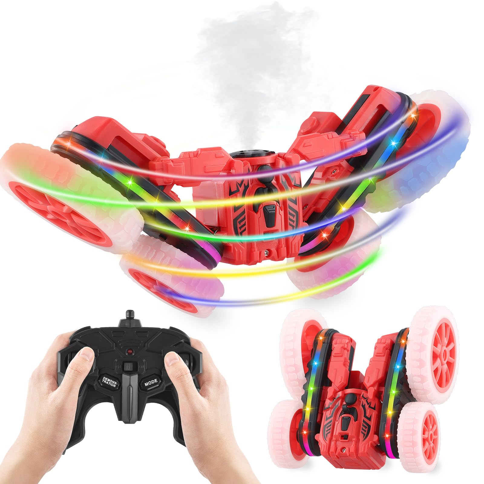 Remote Control Car, 360°Rotating Flip 4WD Off-Road Stunt Car with Lights & Spray, Indoor/Outdoor Rechargeable Toy for 6 7 8 9 12 Ages Kids Boys Gifts(Red)