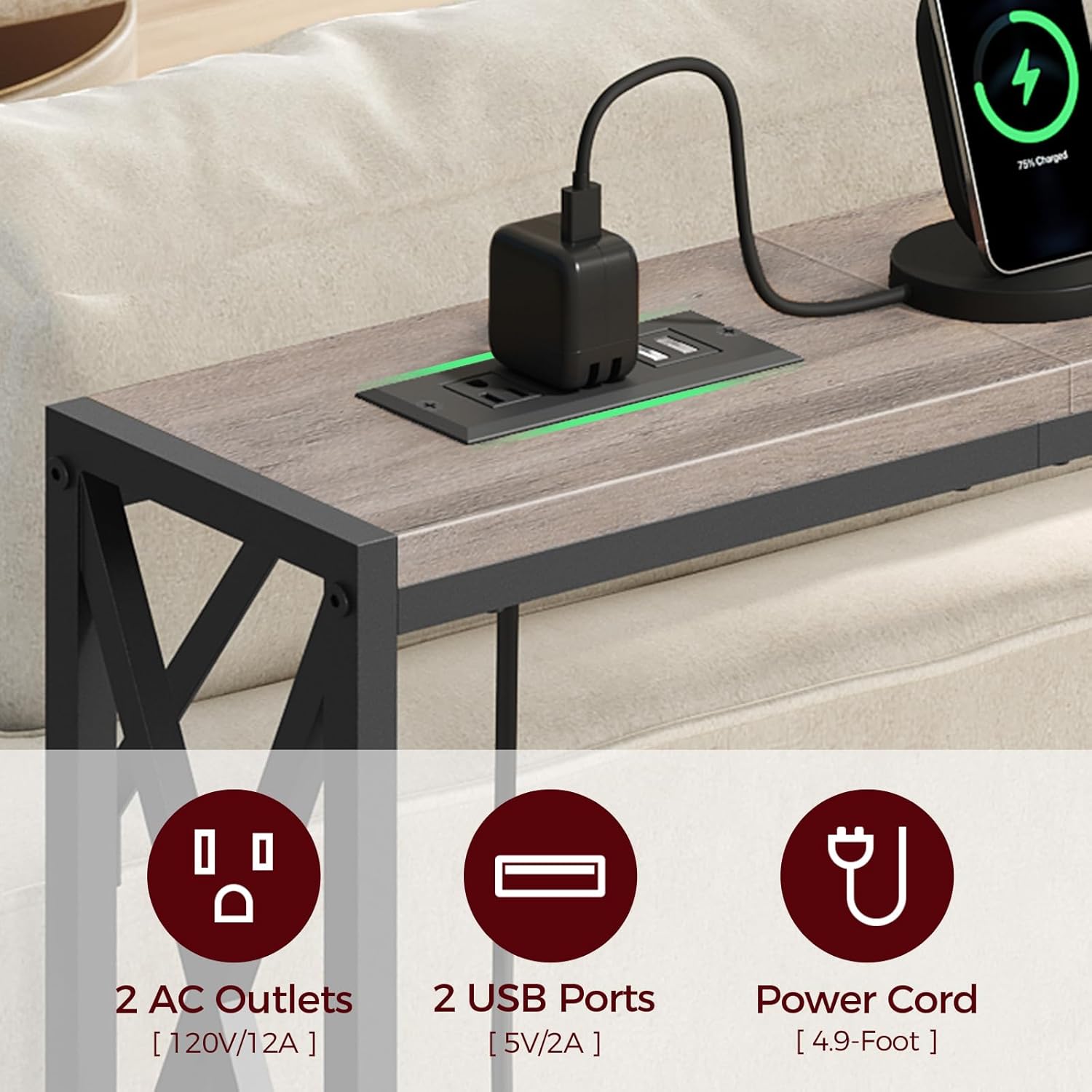 MAHANCRIS 70.8'' Narrow Sofa Table with Charging Station, 2 Pack Skinny Console Table, Long Entryway Hallway Couch Table with Power Outlets, Greige CTHG152E01S2
