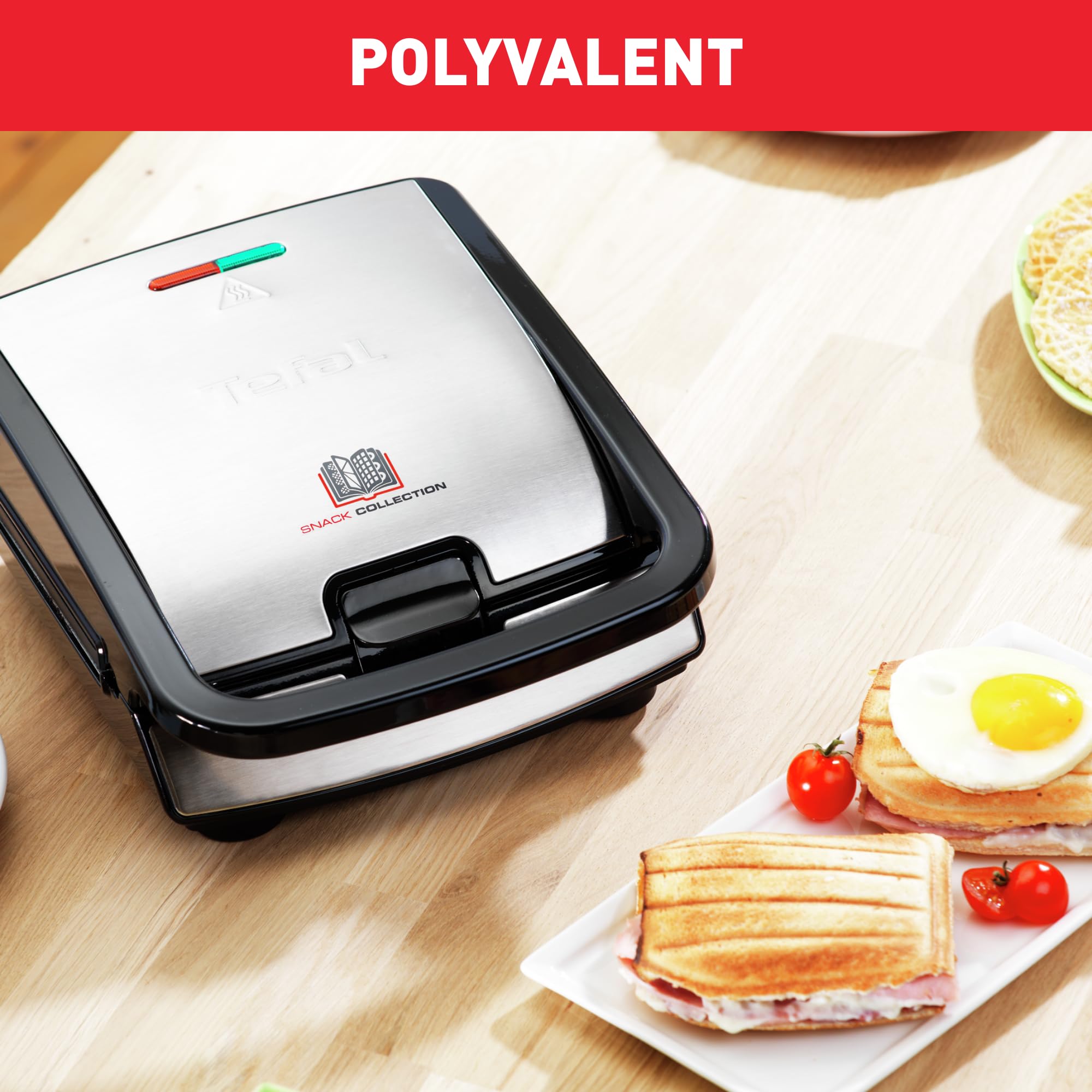 Tefal Snack Collection SW854D cooking sandwiches and an egg, demonstrating its versatility.