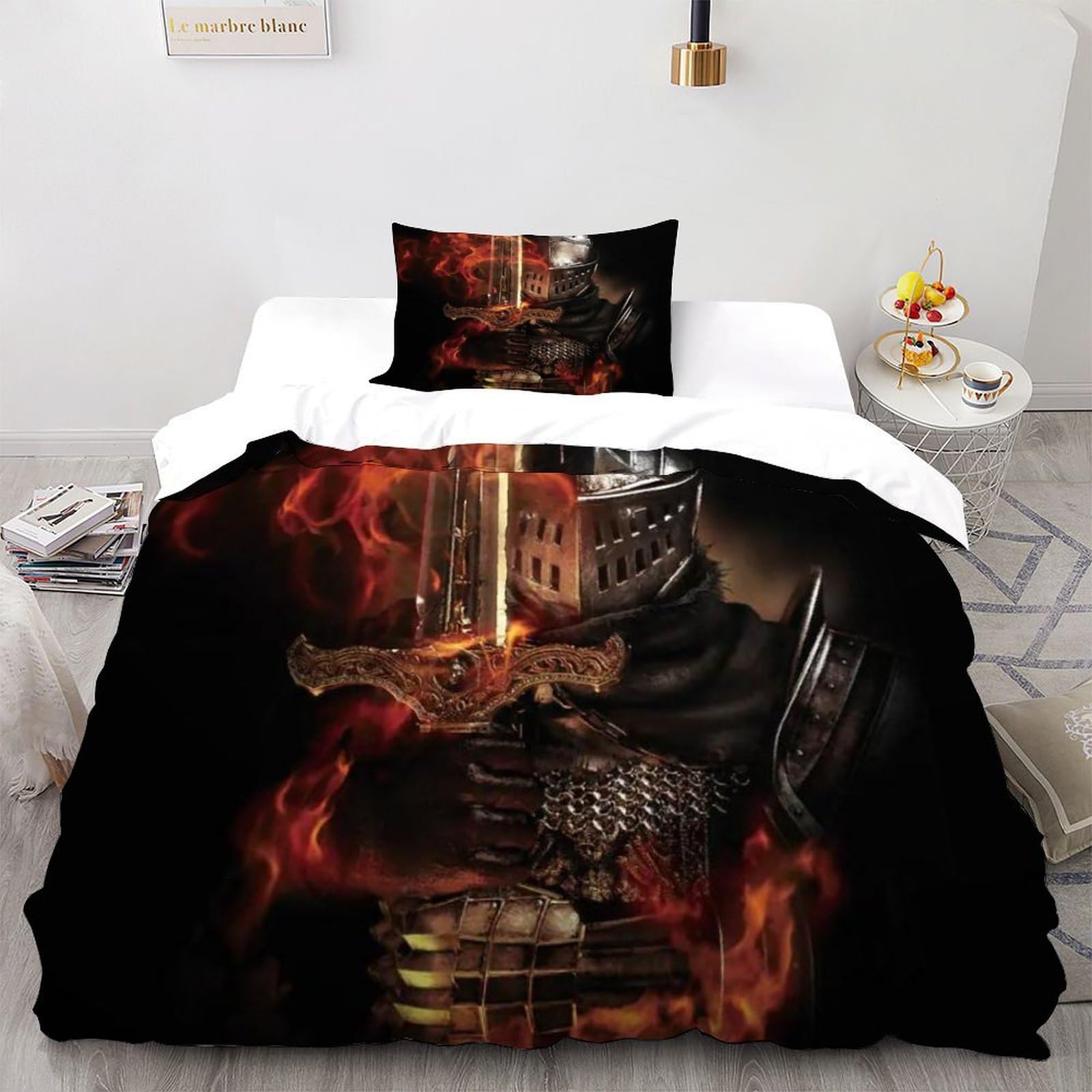 Knight Flame Bedding Set 3D Digital Printing Gothic Themes Duvet Cover Set Pillowcase Microfiber Universal for All Seasons Single（135x200cm）