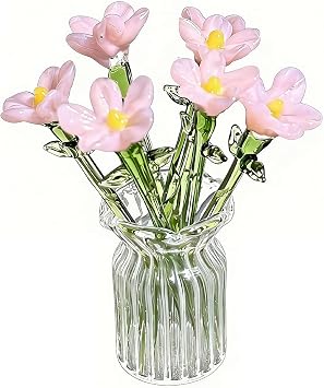 7 Color Miniature Glass Flower,Small Mini Glass Birth Month Flower with Stems in Vase,Gift for Mom Mothers Day,Crystal Tiny Artificial Wildflower Figurine for Desk Shelf Table Decor Deep Pink