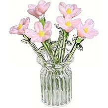 7 Color Miniature Glass Flower,Small Mini Glass Birth Month Flower with Stems in Vase,Gift for Mom Mother's Day,Crystal Tiny Artificial Wildflower Figurine for Desk Shelf Table Decor Deep Pink