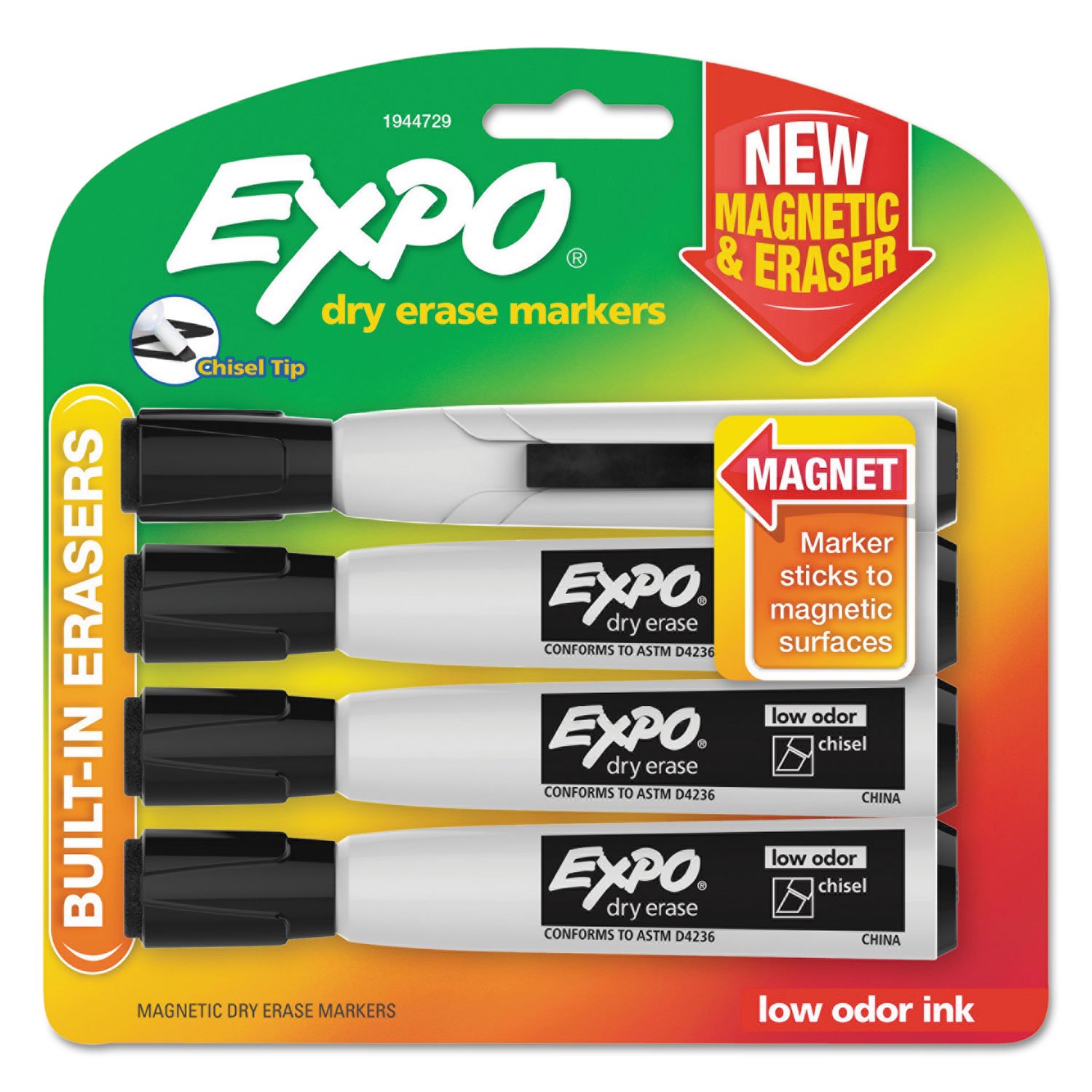 EXPO1944729 Magnetic Dry Erase Marker Chisel Tip Black 4/Pack