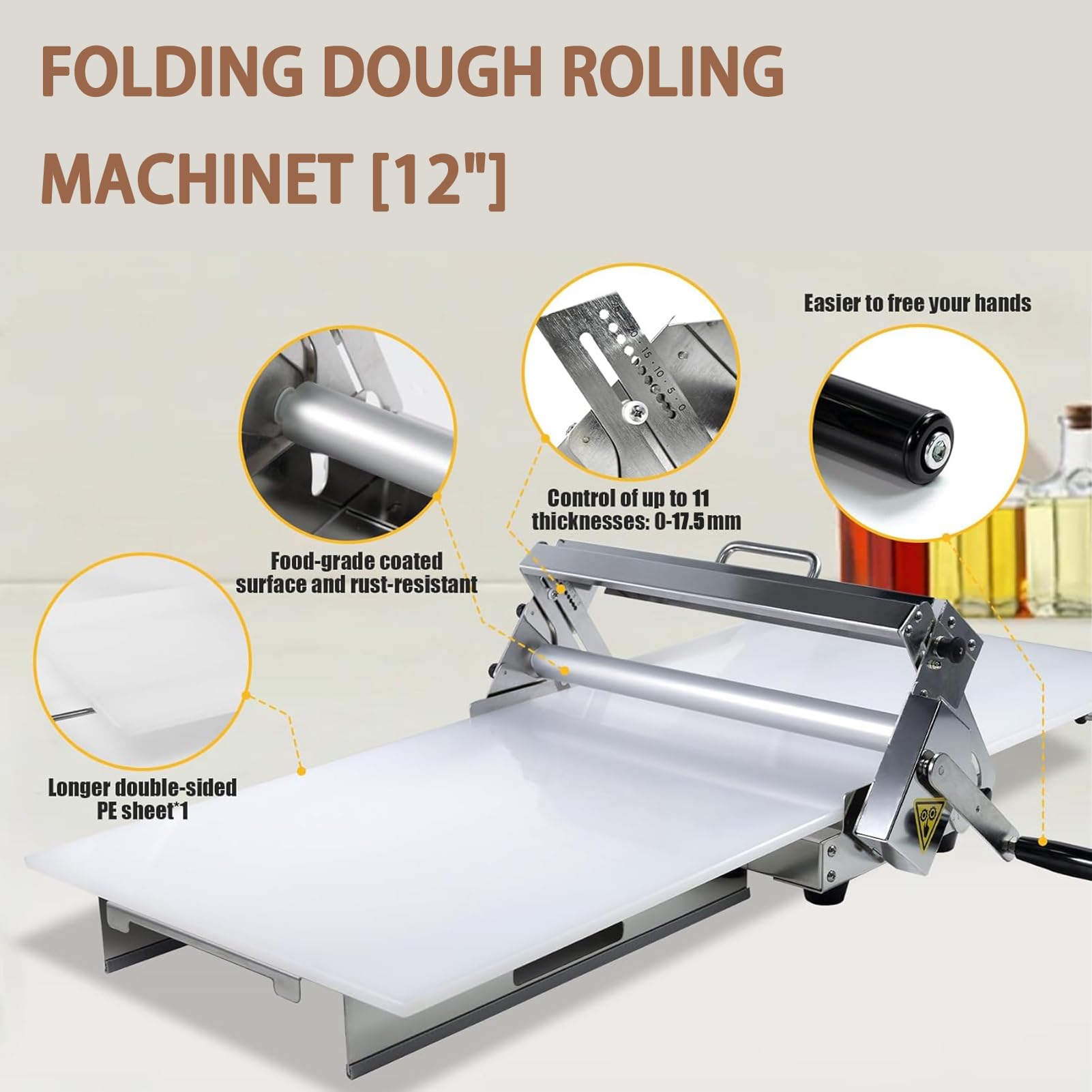 Laminadora Masa Manual Plegable | Pizza Y Croissants | Rodillo Repostería Acero Inoxidable | Grosor Ajustable 0,5 a 17,5 Mm/0,5 a 27 Mm | Ideal para Fondant y Pastelería