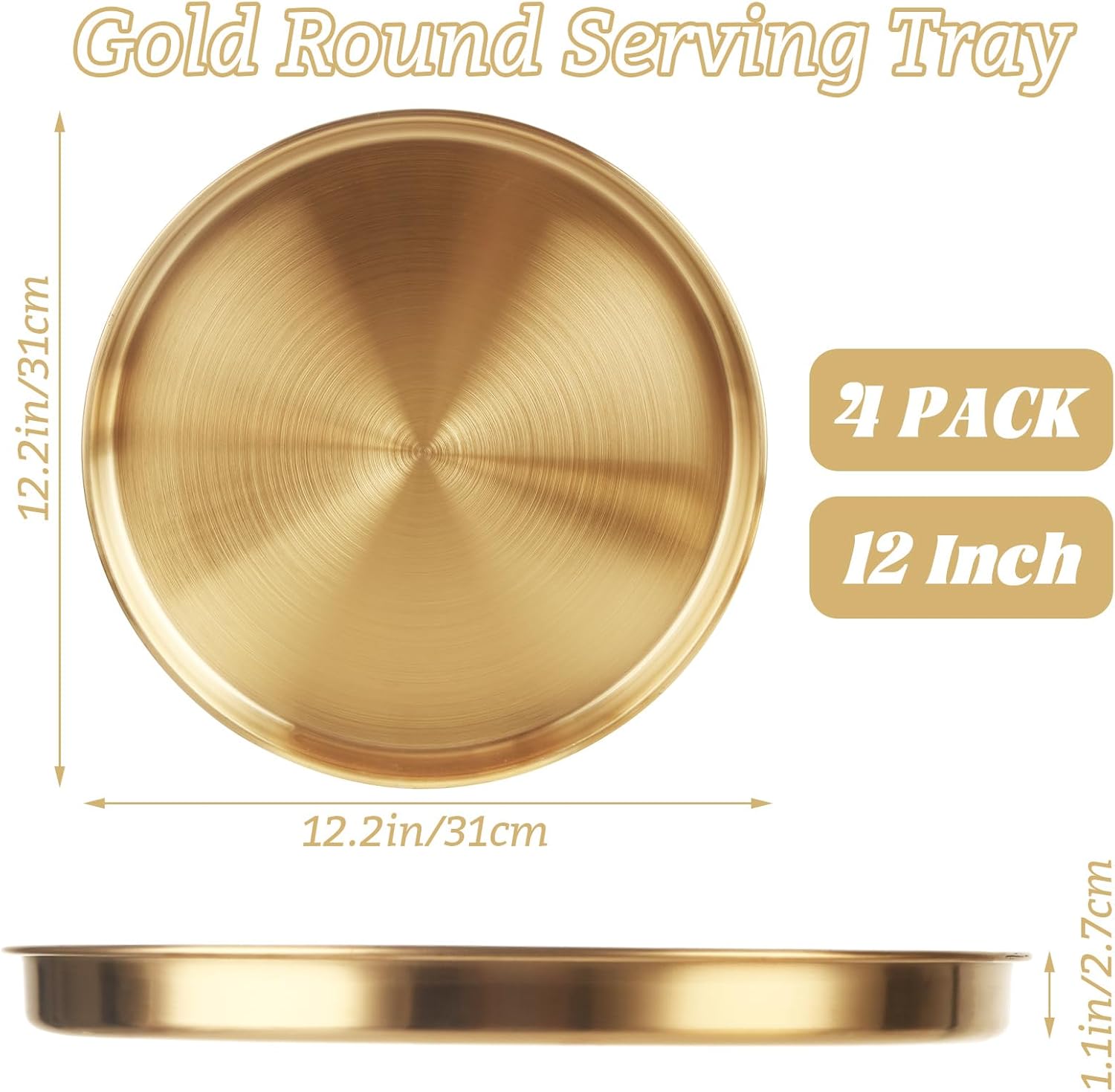 4 Pack 12 Inch Gold Round Serving Tray, Stainless Steel Decorative Vanity Tray, Key Bowl Mirror Dresser Vanity Tray Jewelry Makeup Organizer for Bathroom, Candle, Perfume, Countertop