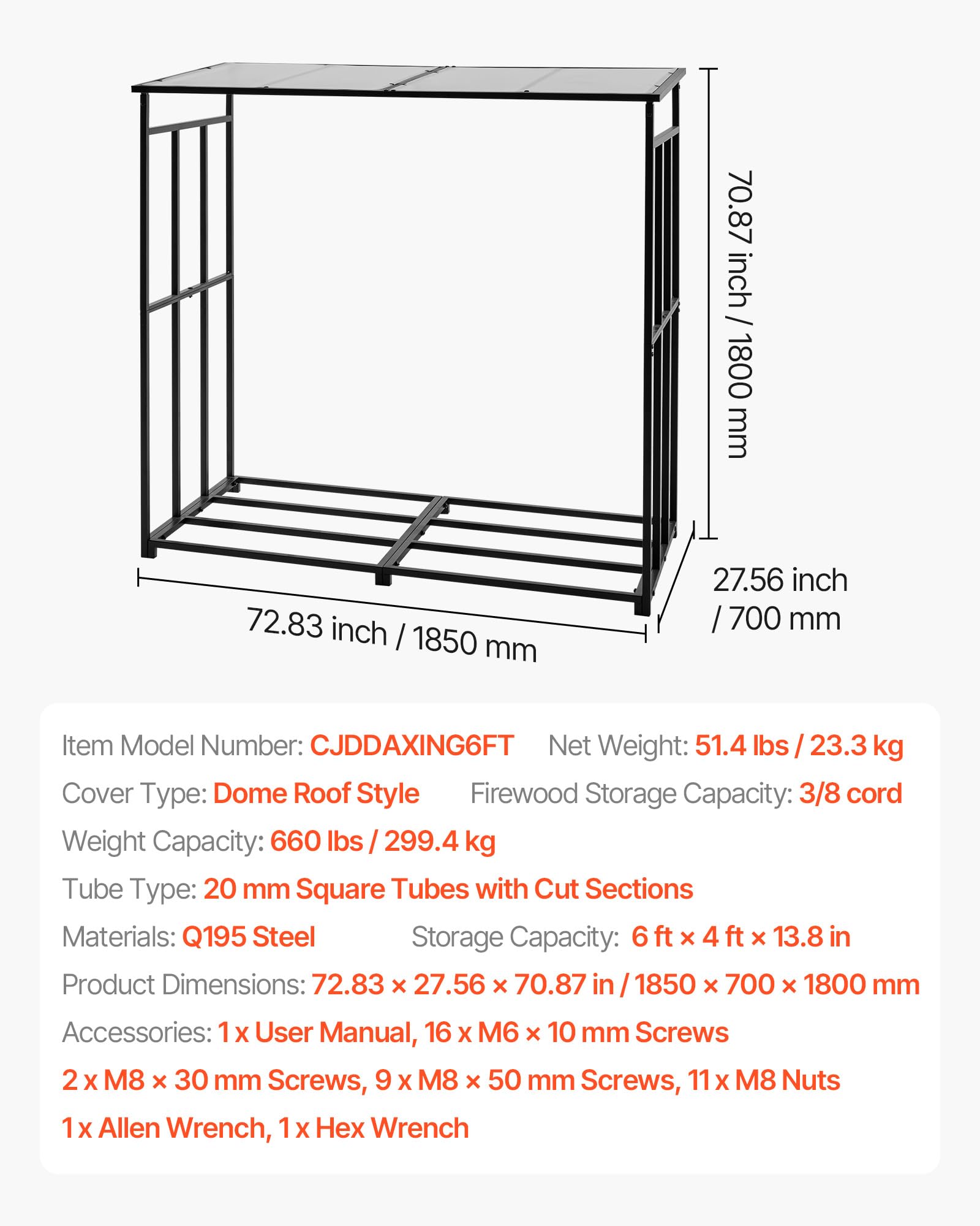 VEVOR Metall Kaminholzregal, 1850x700x1800 mm Brennholzregal, Kaminholzunterstand, max. Tragkraft 300 kg, Feuerholzregal, Kaminholzlager, Stapelhilfe für Kamin, Terrasse, Hinterhof