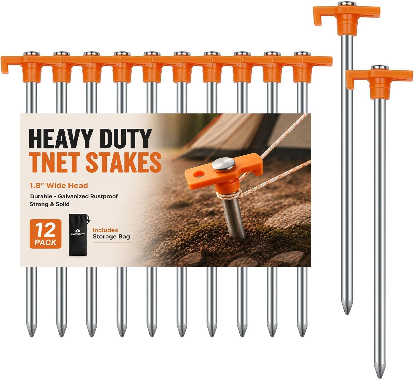 12 Pack Tent Stakes Heavy Duty Camping Stakes,AVOFOREST 7.1inch Non-Rust Metal Tent Pegs with Storage Bag Ground Stakes Tent Spikes Camping,Garden,Hiking Orange (Orange 12pcs, 7.1IN)