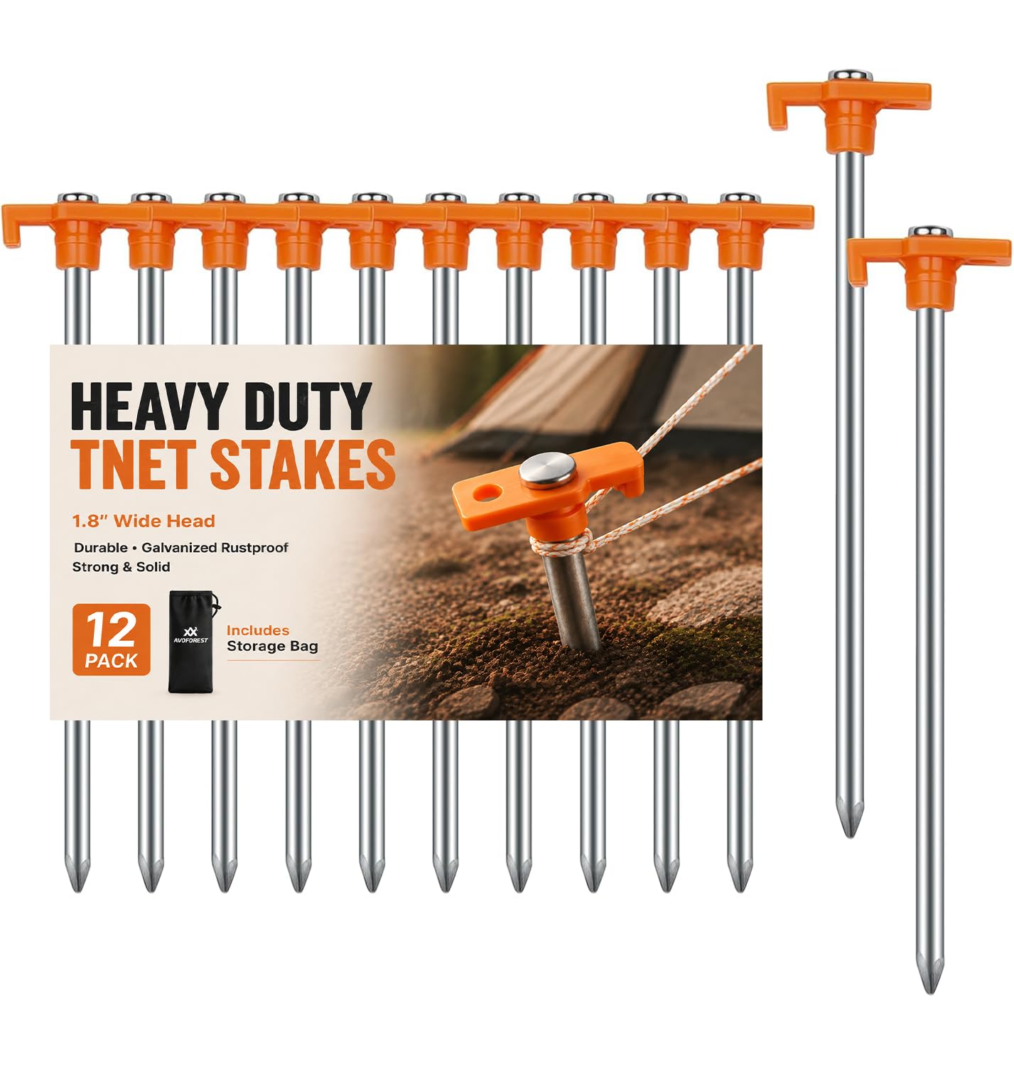 12 Pack Tent Stakes Heavy Duty Camping Stakes,AVOFOREST 7.1inch Non-Rust Metal Tent Pegs with Storage Bag Ground Stakes Tent Spikes Camping,Garden,Hiking Orange (Orange 12pcs, 7.1IN) : Sports & Outdoors