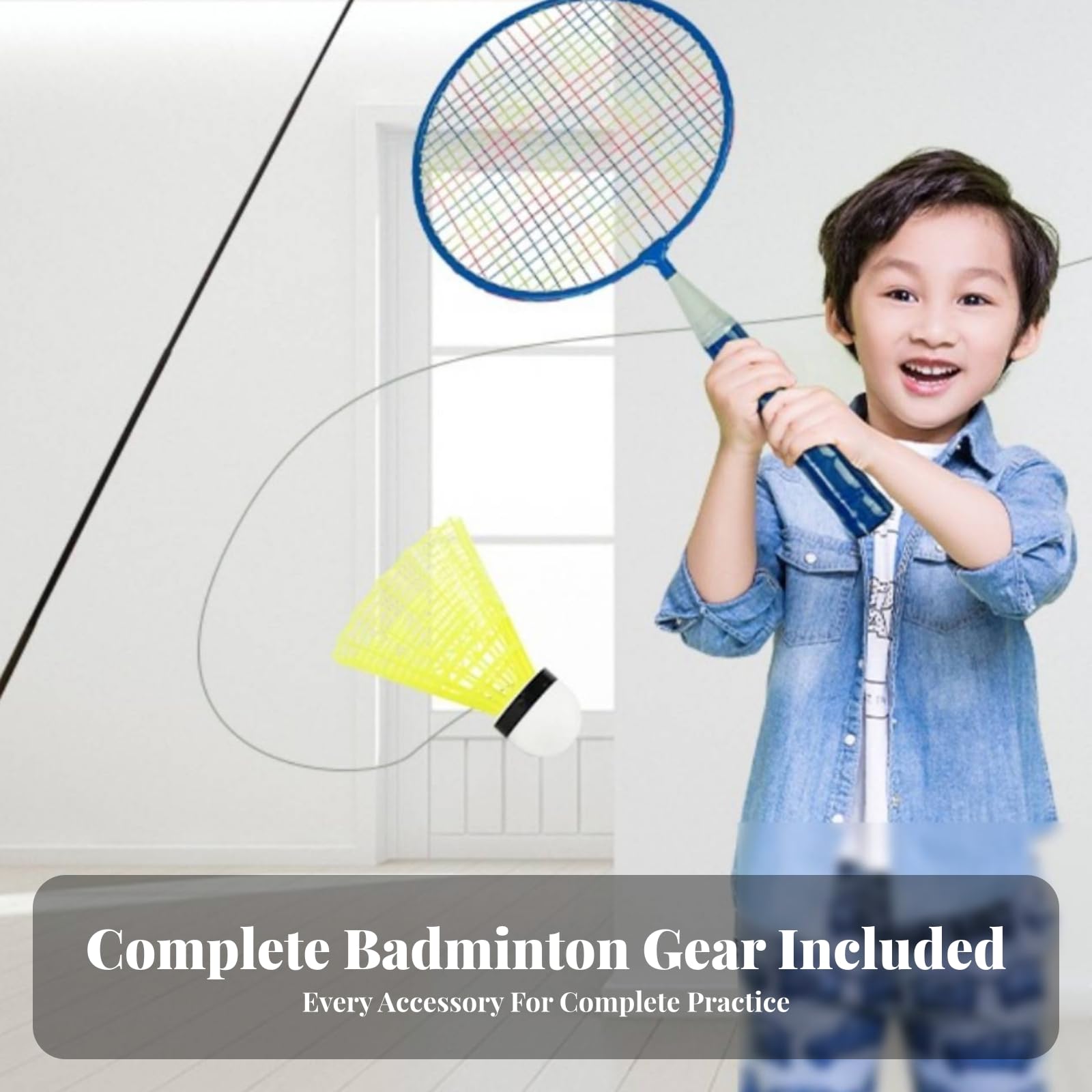 Bambini Badminton Kit Allenamento in Solitaria a Sospensione Volano con Ganci Montaggio a Soffitto Materiale Plastica Nylon