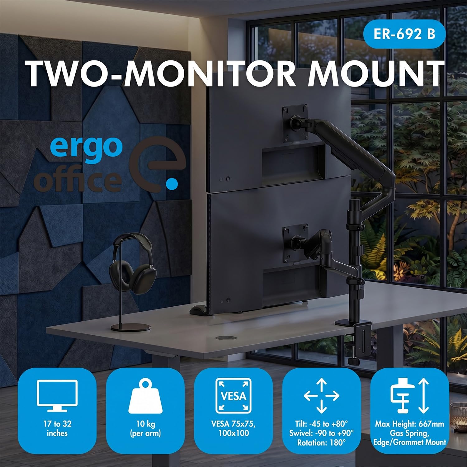 Supporto per 2 monitor Ergo Office (17-32 pollici), doppia molla a gas, VESA 75 x 75, 100 x 100, 2 x 10 kg, regolazione in altezza, rotazione, inclinazione, montaggio sul piano del tavolo (nero)