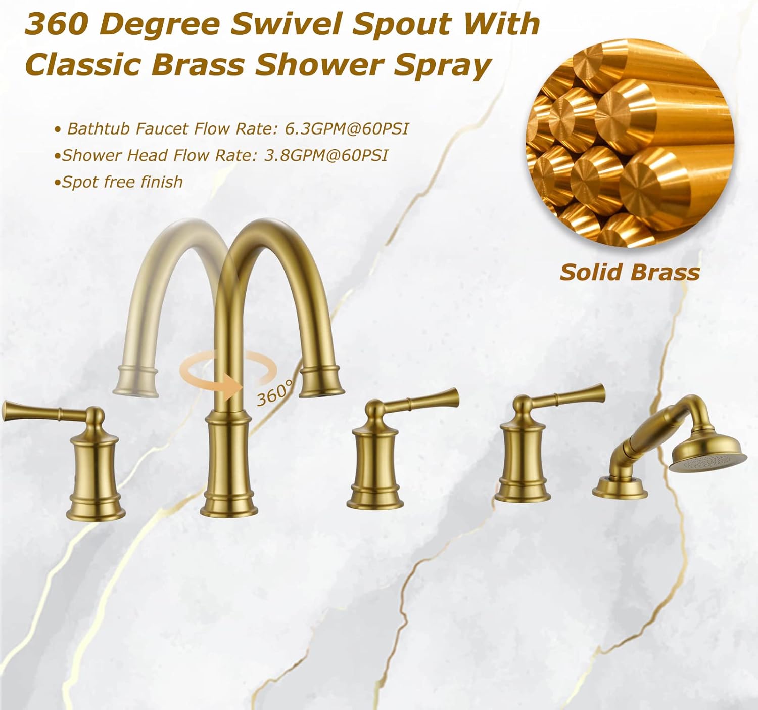Roman Tub Faucet with Hand Shower, Antique Tub Shower Faucet Set with Valve for 5 Hole, Deck Mount Shower Tub Faucet Set，3 Handle Bath Tub Faucet High Flow, Brushed Gold(B2309-BG)