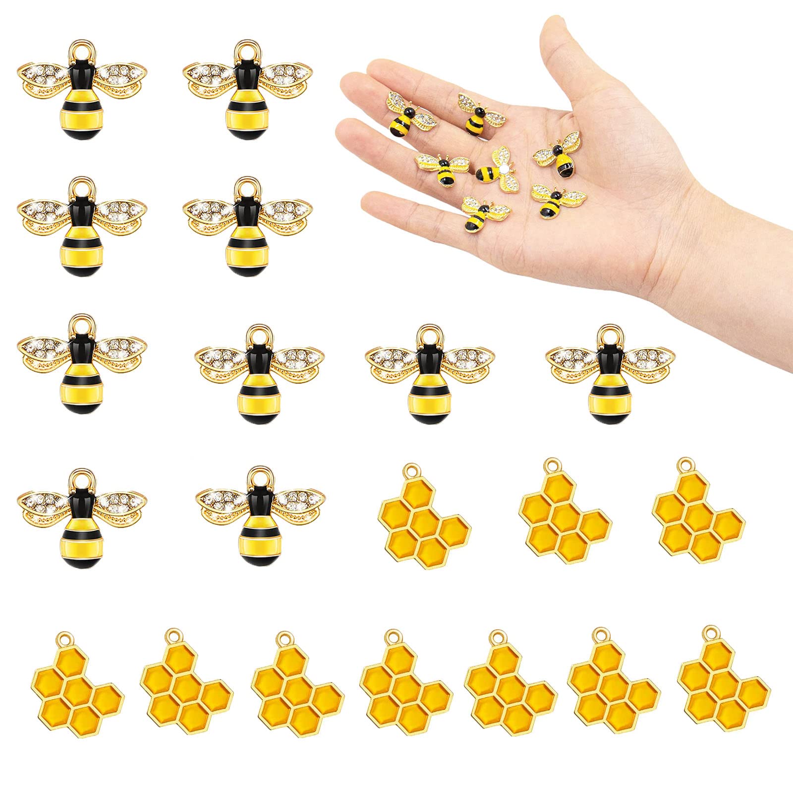DELFINO Alloy Enamel Bee Charms Rhinestone Jewelry Making Bee Pendant Charms, Honeycomb Charms Pendants for Jewelry Making Crafts DIY