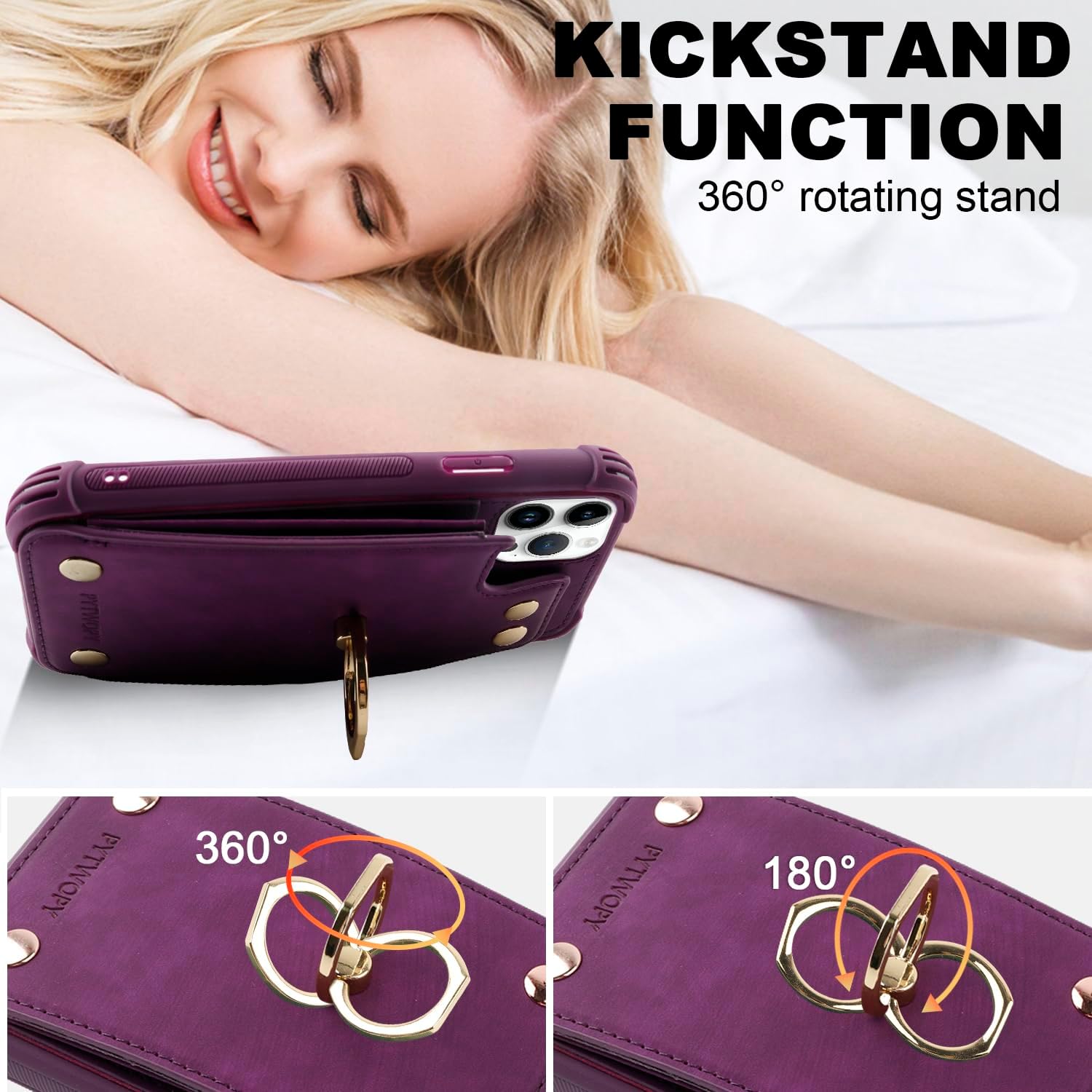Wallet Case Compatible for iPhone 15 Pro Max with Credit Card Holder,Leather Shockproof Protective Phone Cover 6.7 inch Supports 360°Rotation Ring Stand and RFID Blocking,Dark Purple