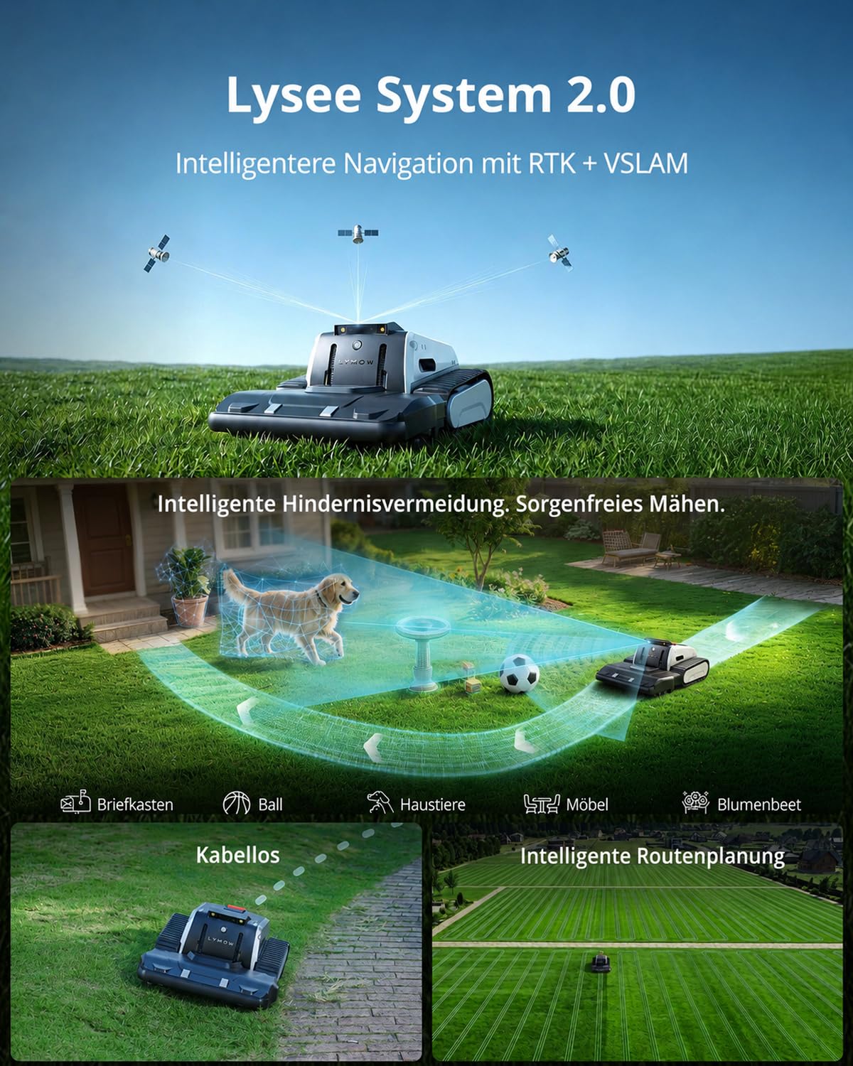 Lymow One Plus Mähroboter ohne Begrenzungskabel für 7000 m², KI-Hindernisvermeidung, 45° Steigung, SK5-Doppel-Rotationsmesser, Schnitthöhe 30-100 mm, RTK+VSLAM, 80-Zonen-Management, App-Steuerung