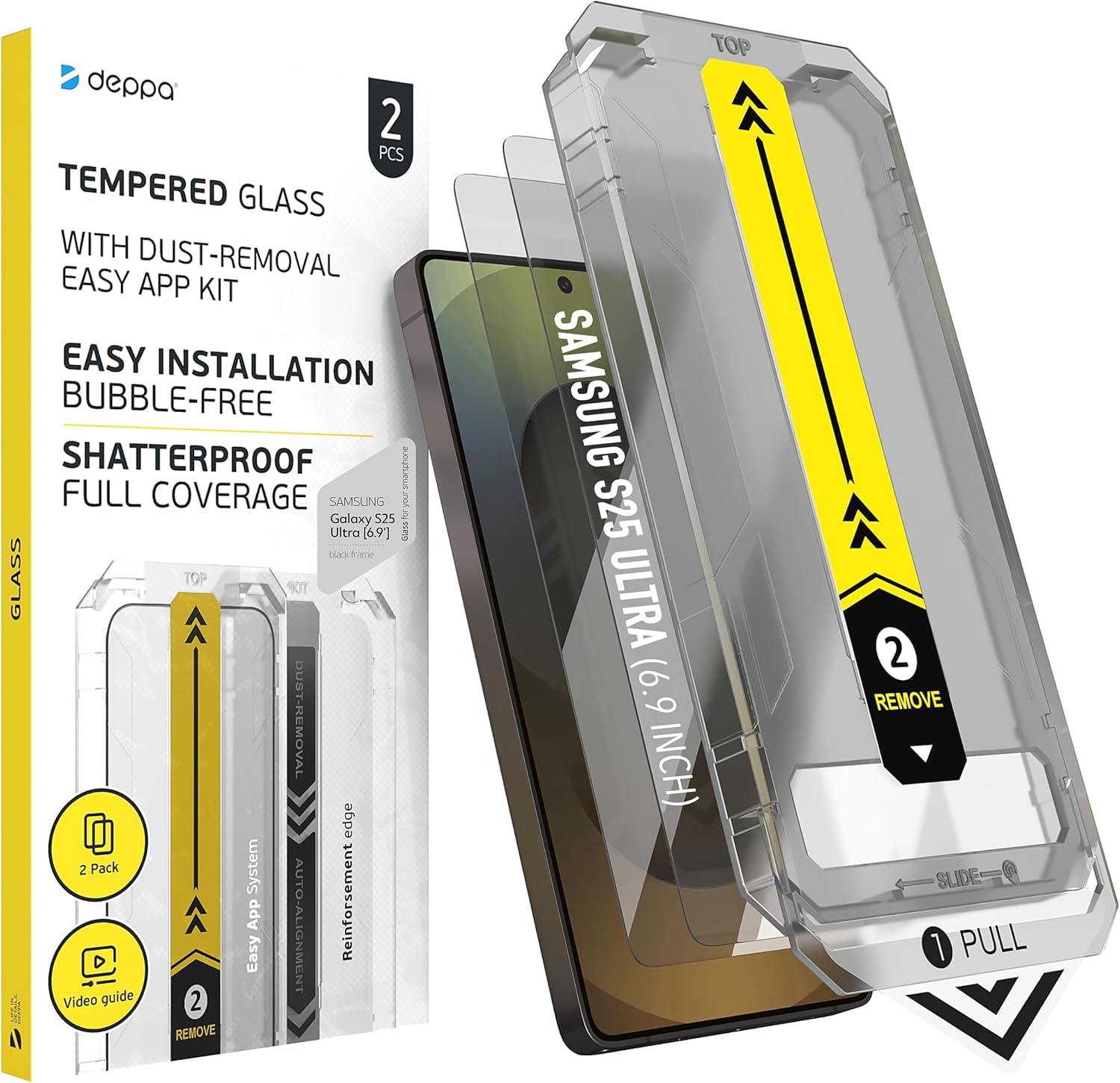 Deppa [2 Piezas Protector de Pantalla para Samsung S25 Ultra (6.9”) de Vidrio Templado 9H, Antihuellas, Resistente a Arañazos, con Kit de Fácil Instalación y Cobertura Completa