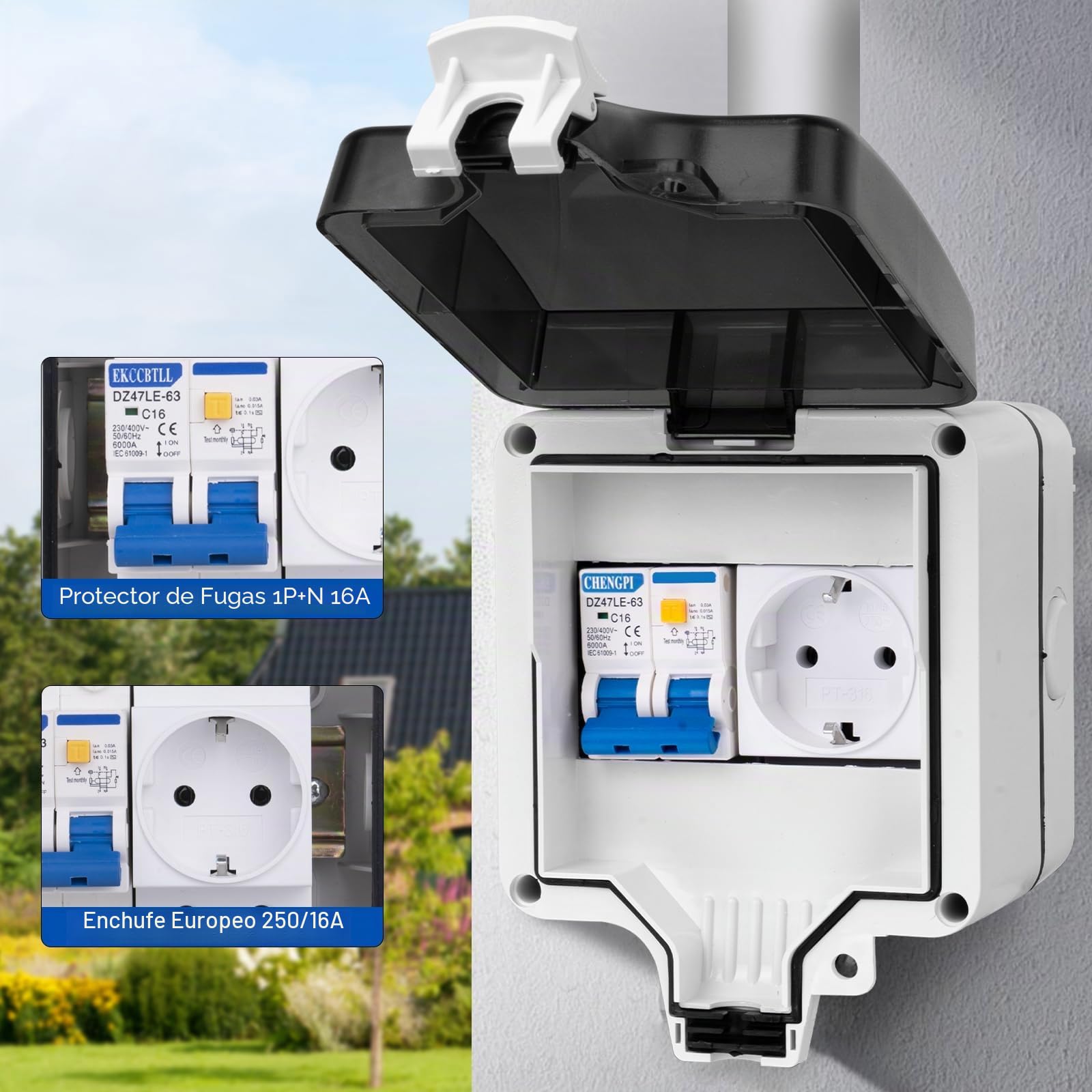 Caja Distribucion Electrica Montada En Superficie, Cuadro Electrico Premontado con Protección Contra Fugas 16A y Enchufe, Caja de Distribución Impermeable IP66|4 Módulos