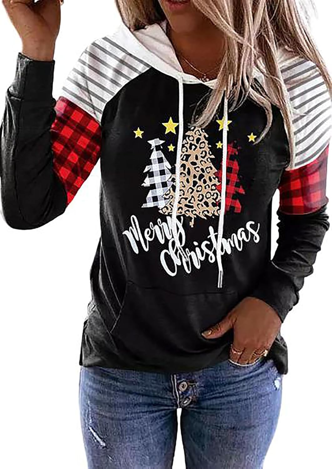Merry Christmas Buffalo Plaid Leopard Tree Hoodie Shirt Women Christmas Color Block Plaid Long Sleeve T-Shirt Tops
