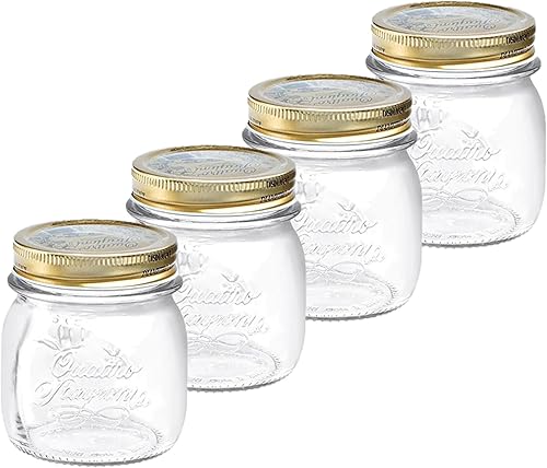 Bormioli Rocco Quattro Stagioni - Juego de 4 tarros transparentes herméticos, 8.5 onzas. Hecho de vidrio duradero sin BPA, fabricado en Italia.